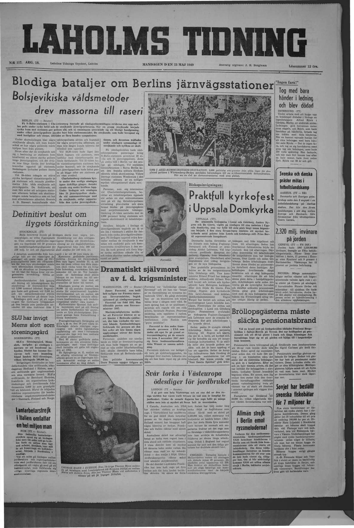 Laholms Tidning Måndag 23 maj 1949, sida 1