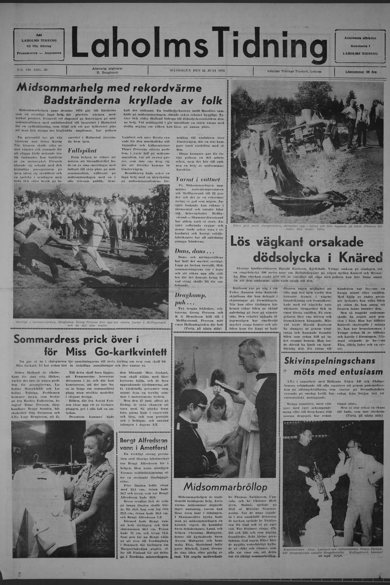 Laholms Tidning Måndag 22 juni 1970, sida 1