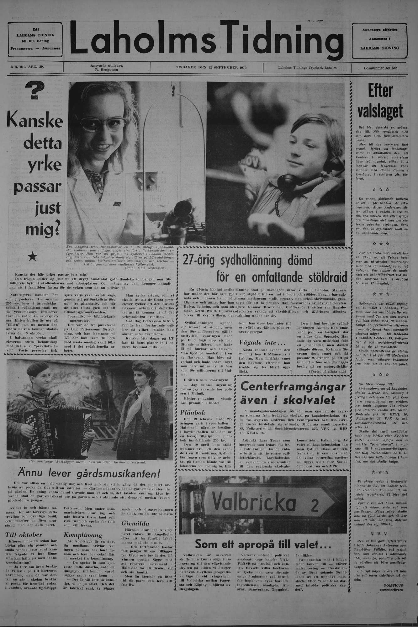 Laholms Tidning Tisdag 22 september 1970, sida 1