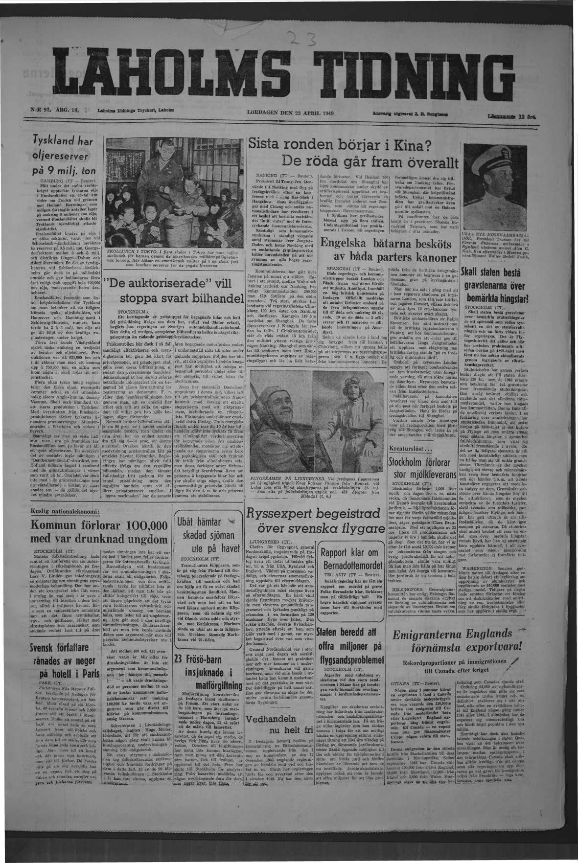 Laholms Tidning Lördag 23 april 1949, sida 1