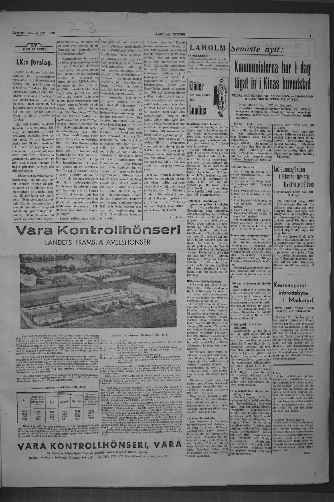 Laholms Tidning Lördag 23 april 1949, sida 3