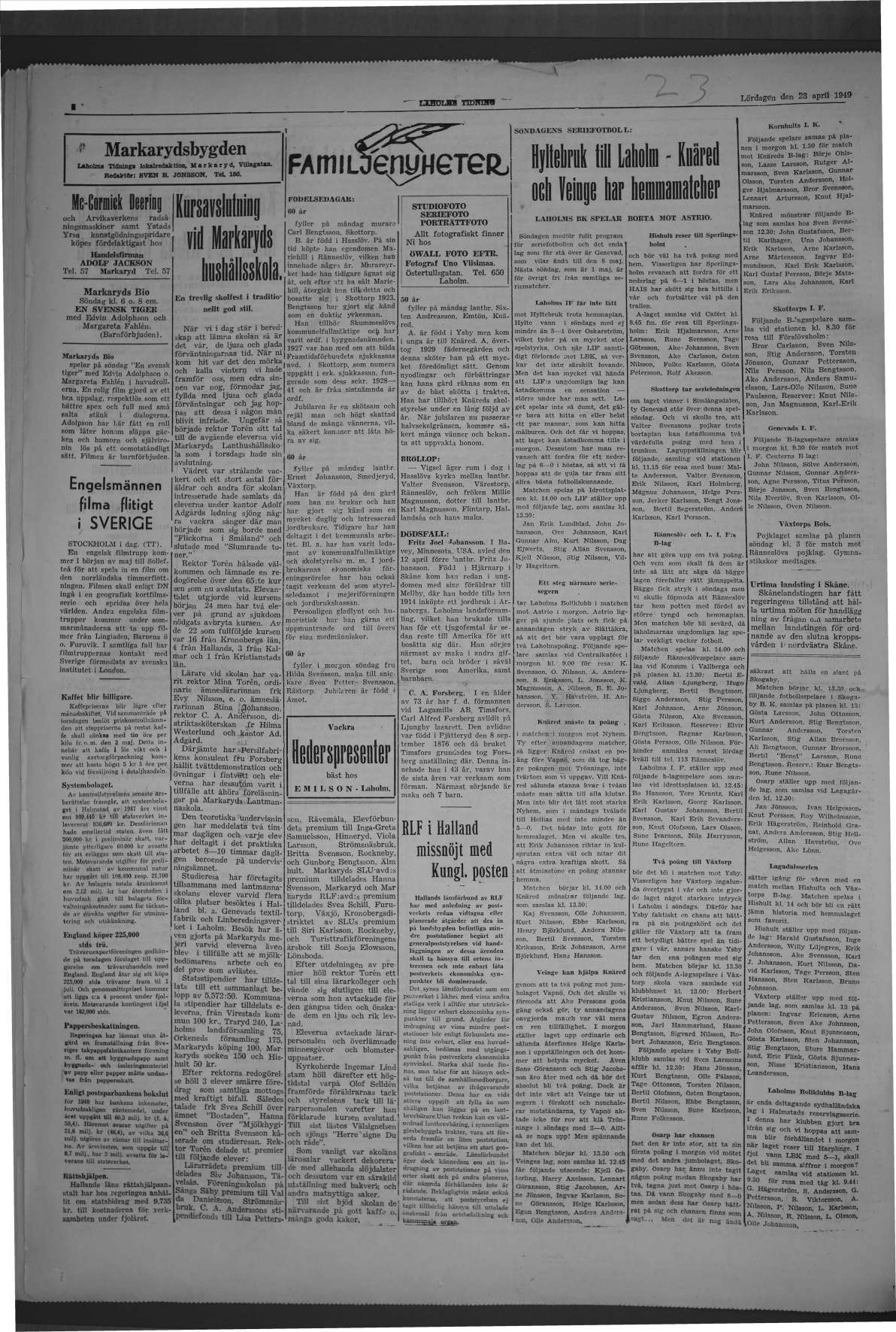 Laholms Tidning Lördag 23 april 1949, sida 4