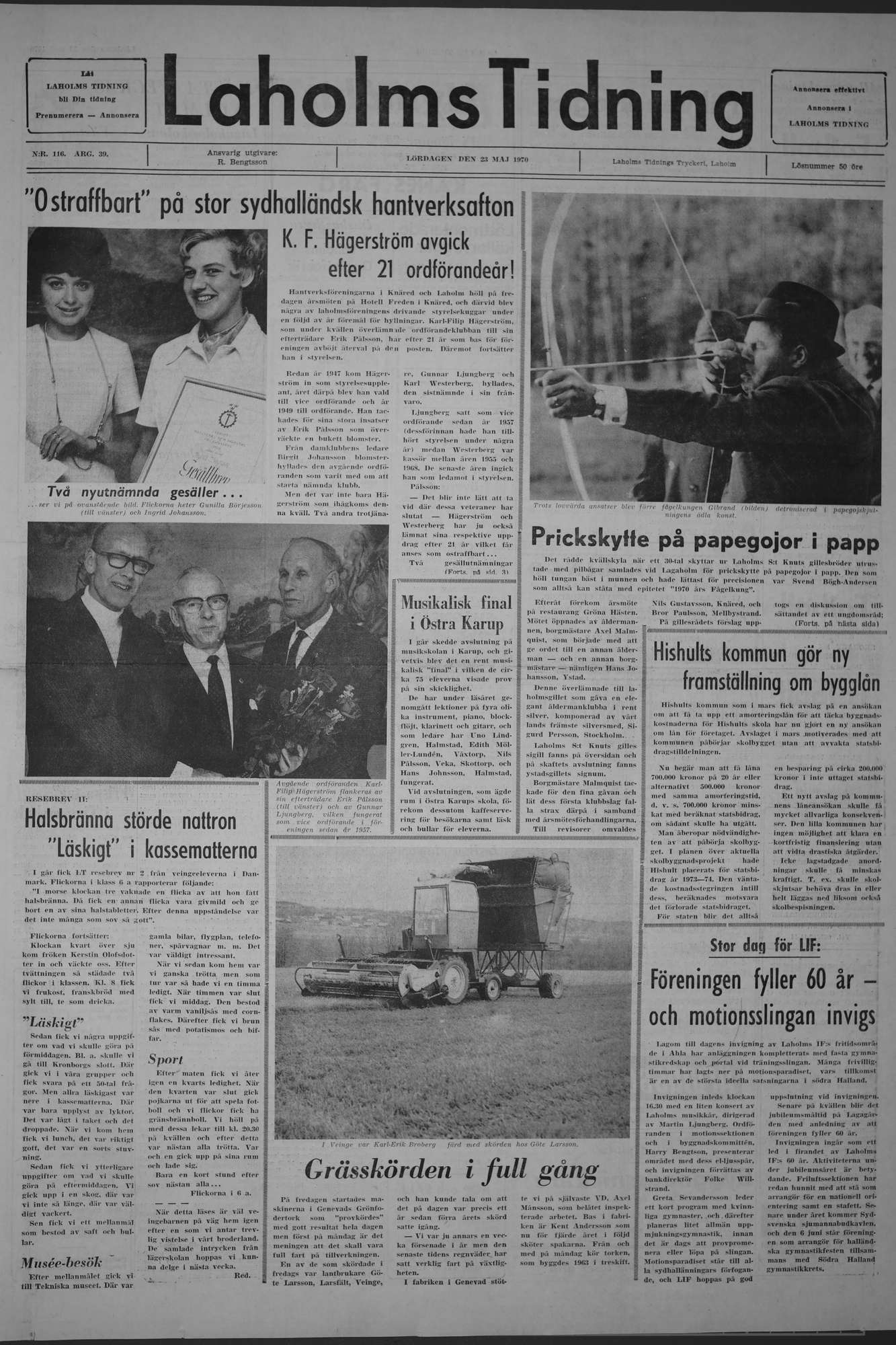 Laholms Tidning Lördag 23 maj 1970, sida 1