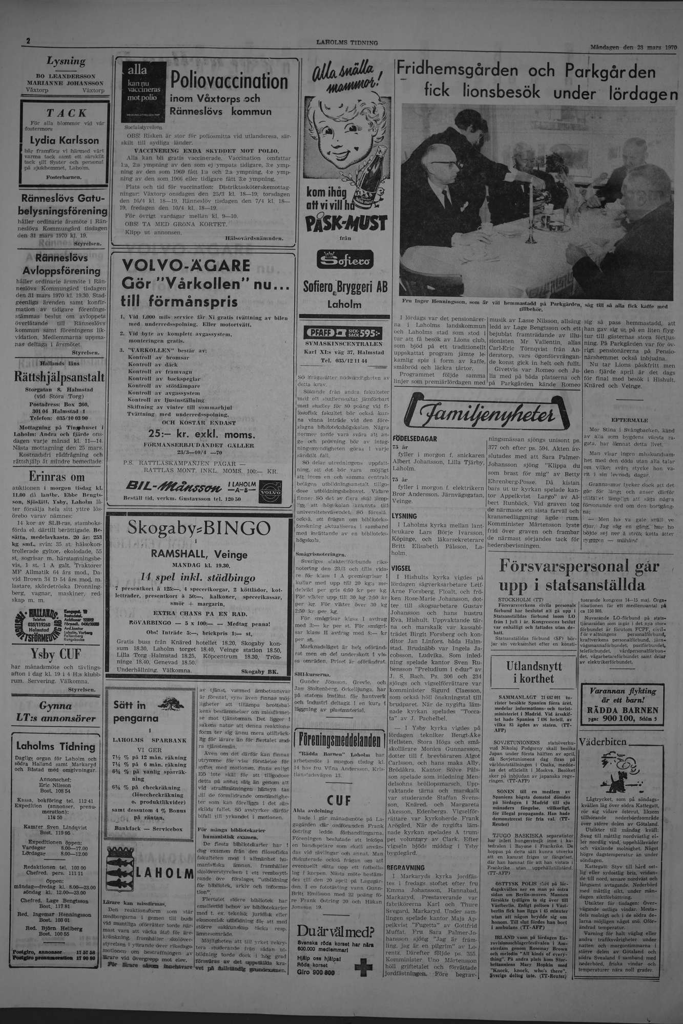 Laholms Tidning Måndag 23 mars 1970, sida 2