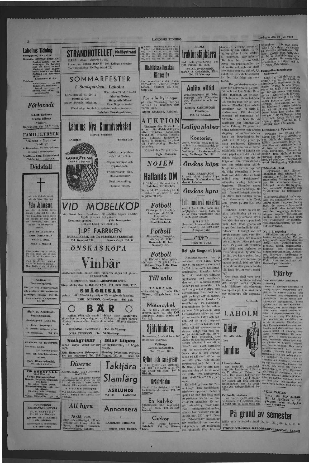 Laholms Tidning Lördag 23 juli 1949, sida 2