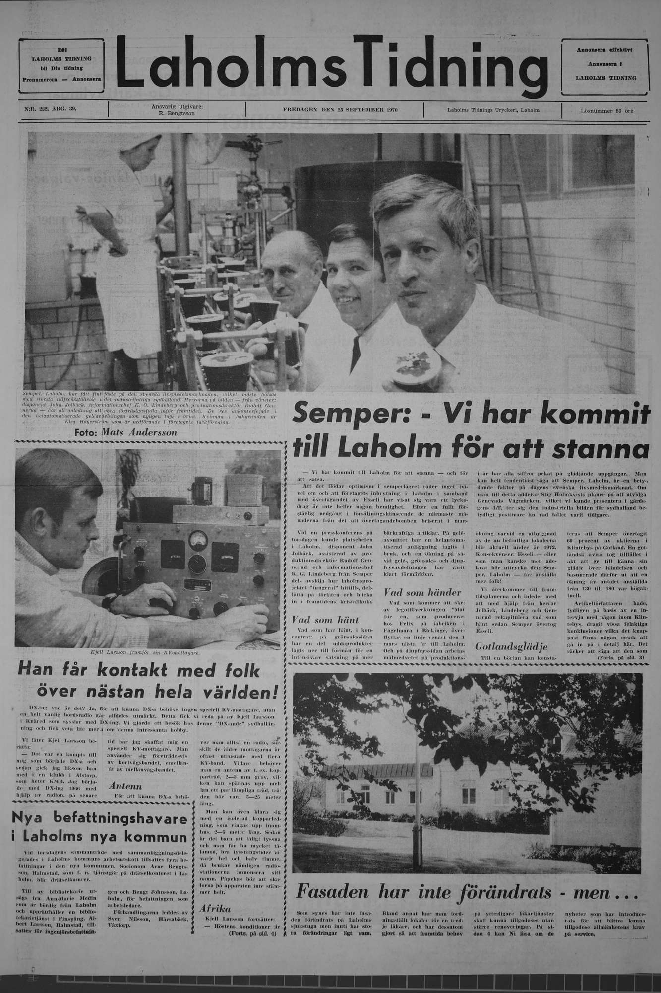 Laholms Tidning Fredag 25 september 1970, sida 1