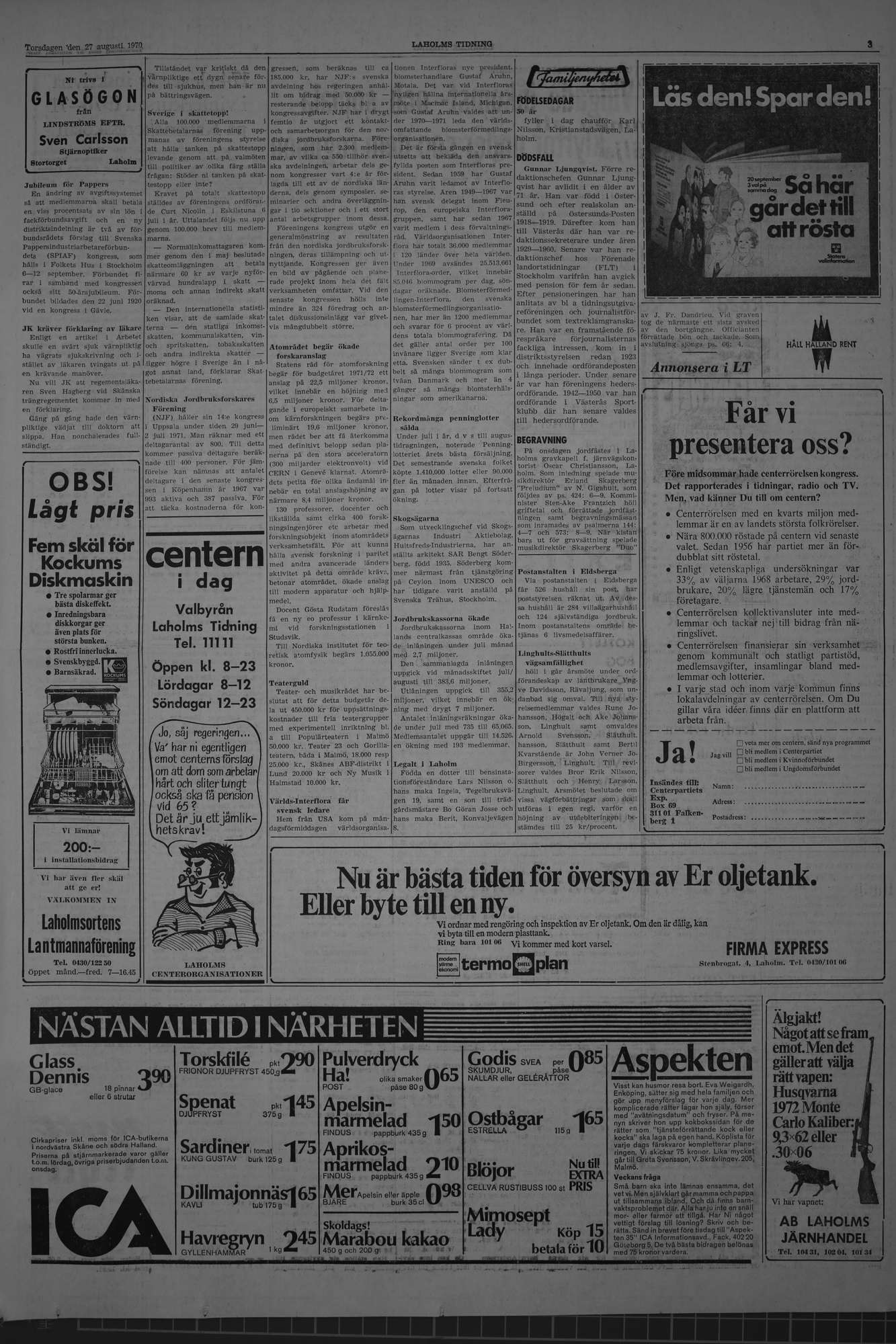 Laholms Tidning Torsdag 27 augusti 1970, sida 3
