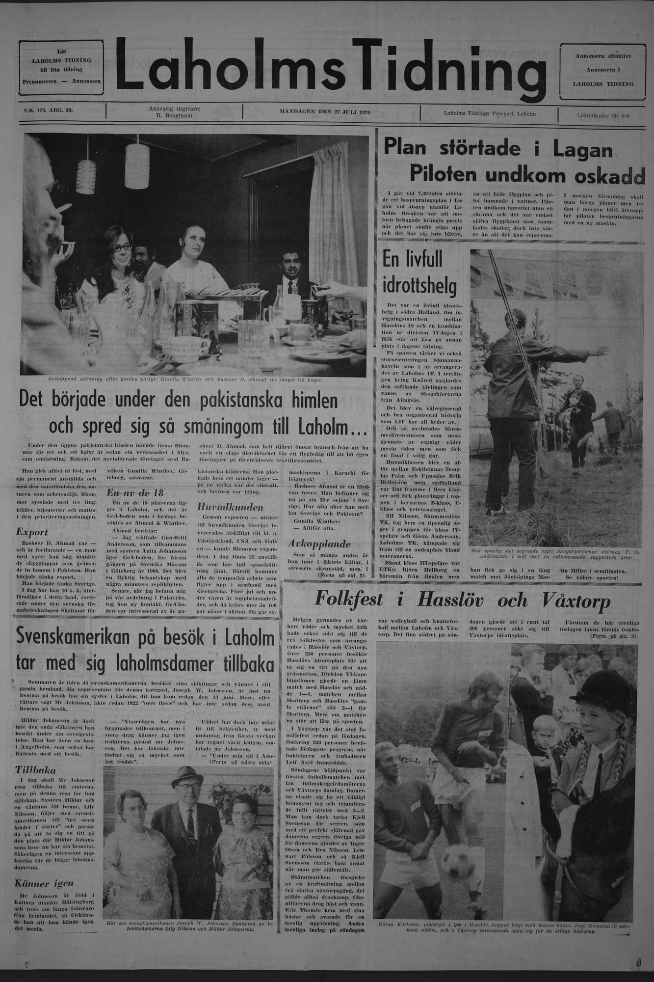 Laholms Tidning Måndag 27 juli 1970, sida 1