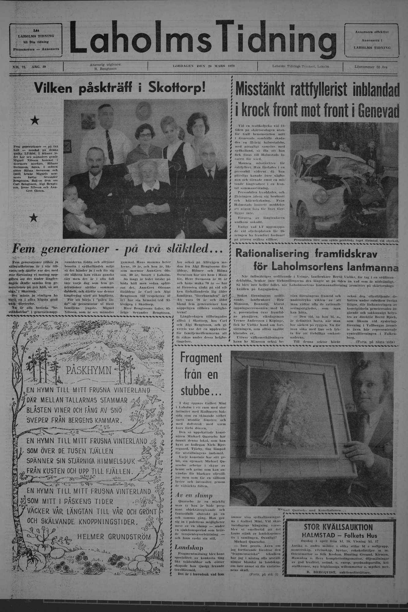 Laholms Tidning Lördag 28 mars 1970, sida 1