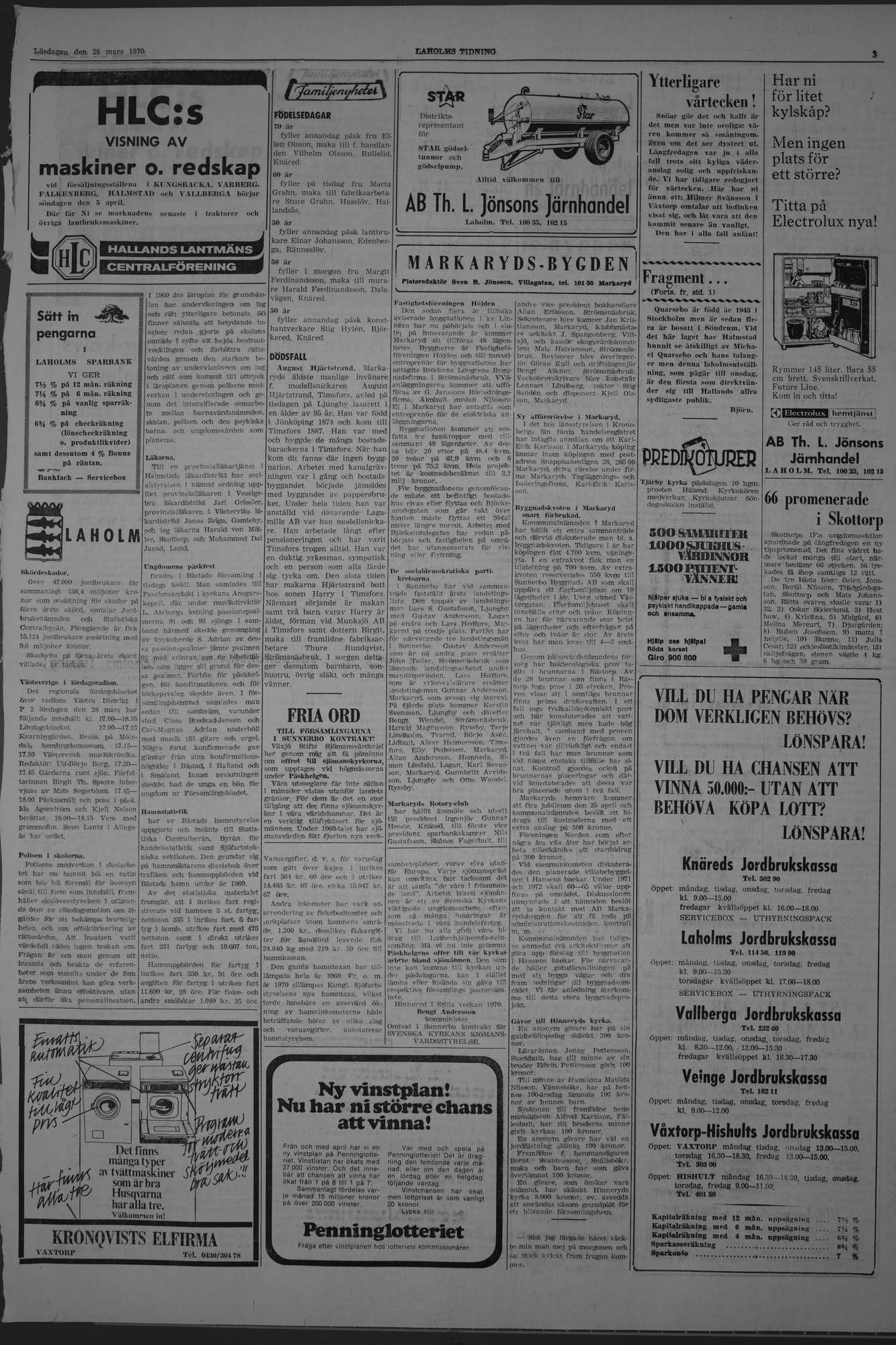 Laholms Tidning Lördag 28 mars 1970, sida 3