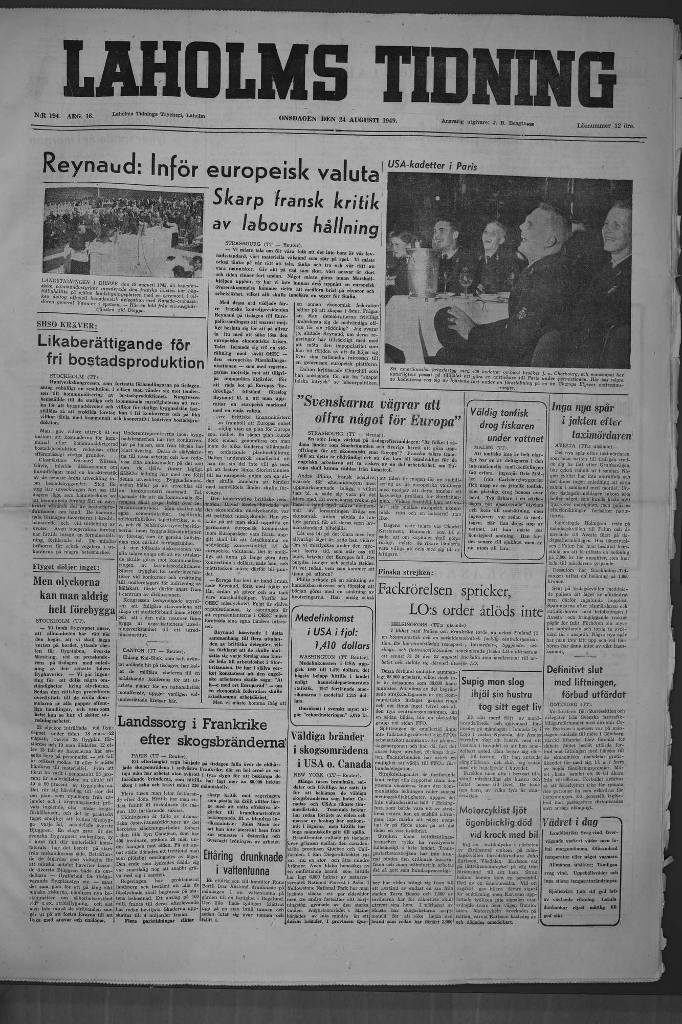 Laholms Tidning Onsdag 24 augusti 1949, sida 1