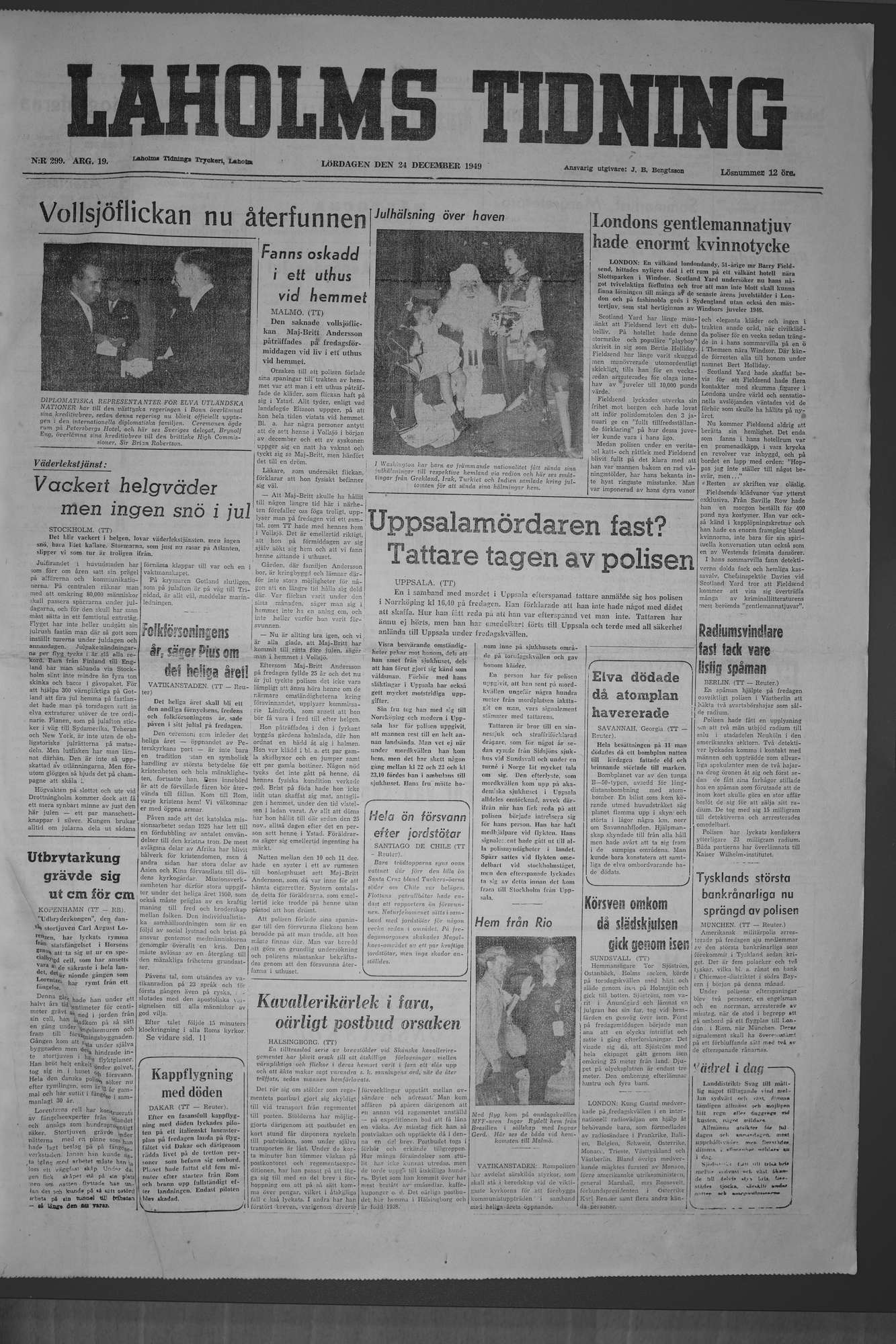 Laholms Tidning Lördag 24 december 1949, sida 1