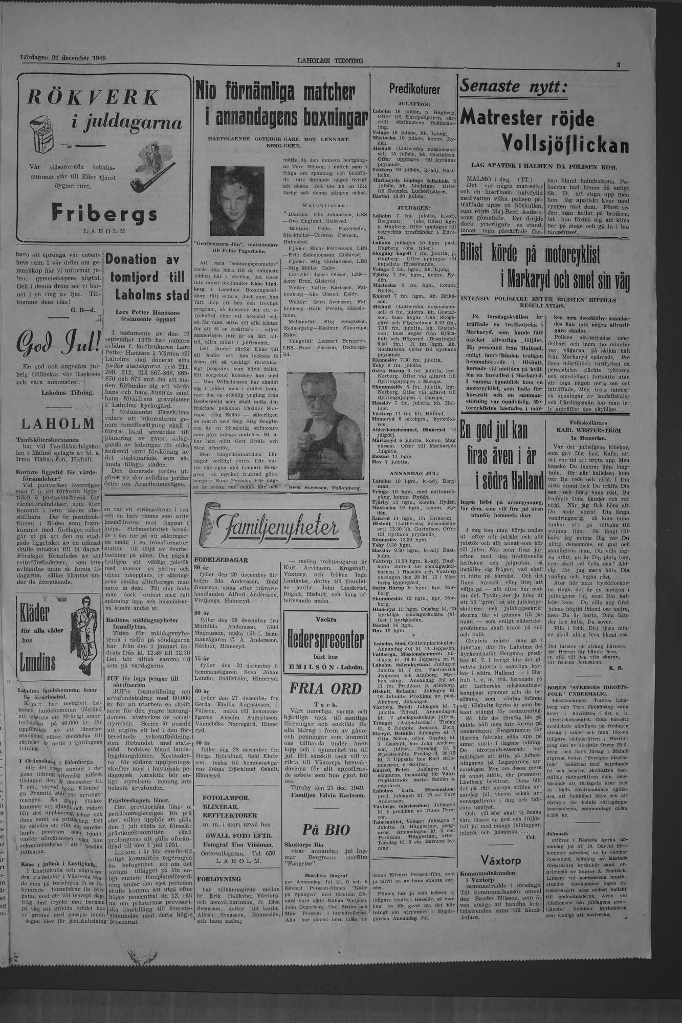 Laholms Tidning Lördag 24 december 1949, sida 3