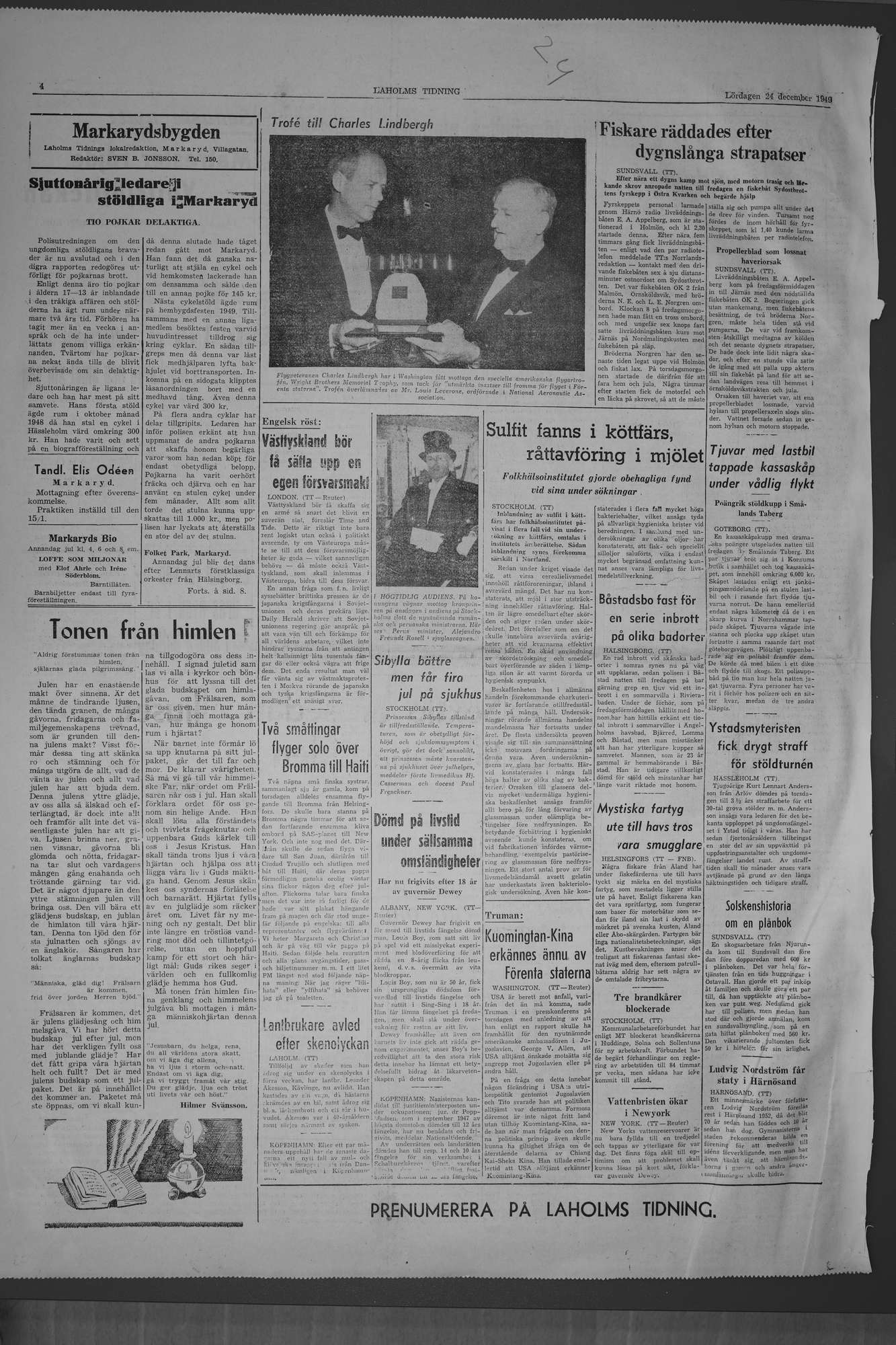 Laholms Tidning Lördag 24 december 1949, sida 4