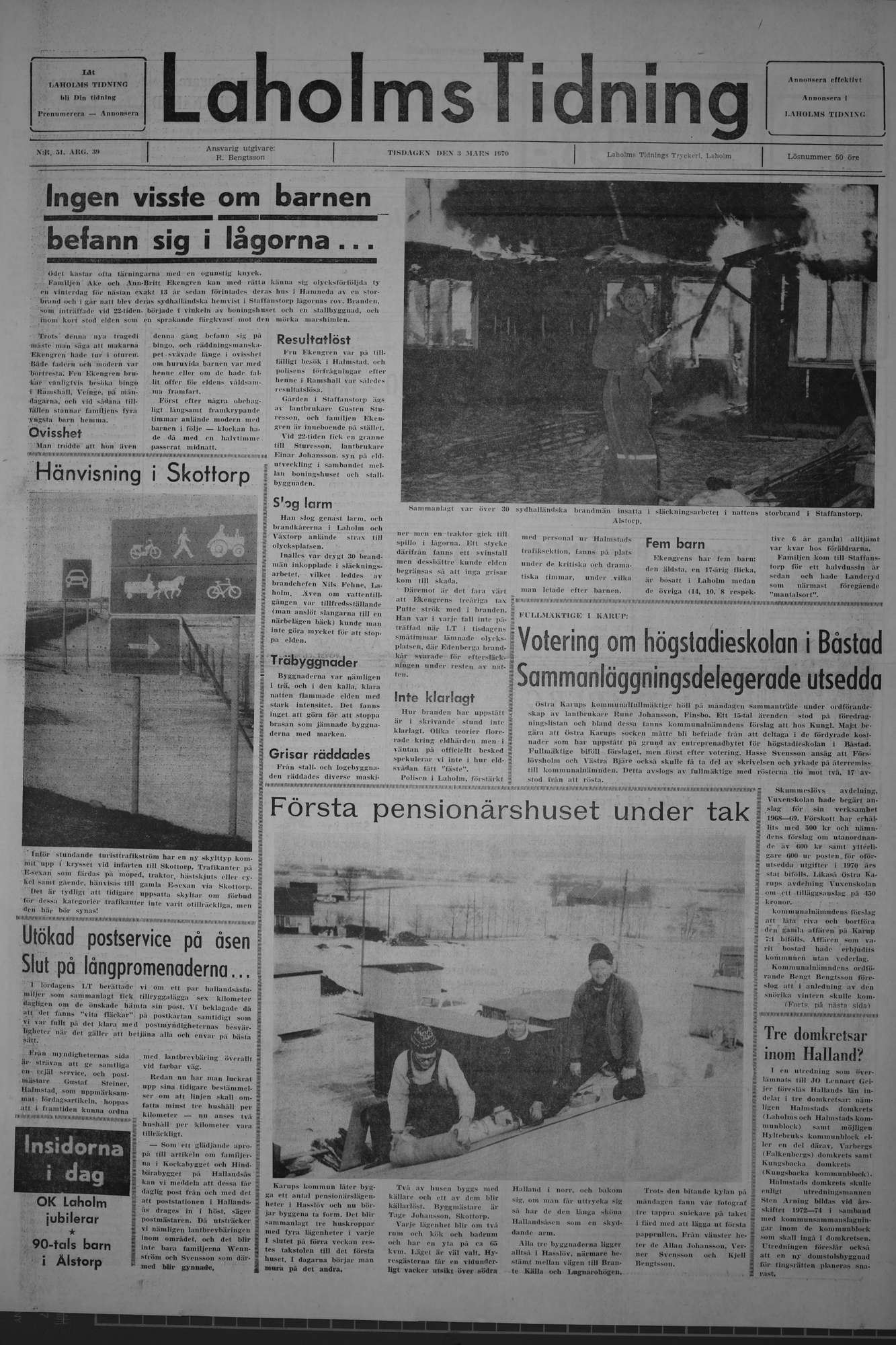 Laholms Tidning Tisdag 3 mars 1970, sida 1