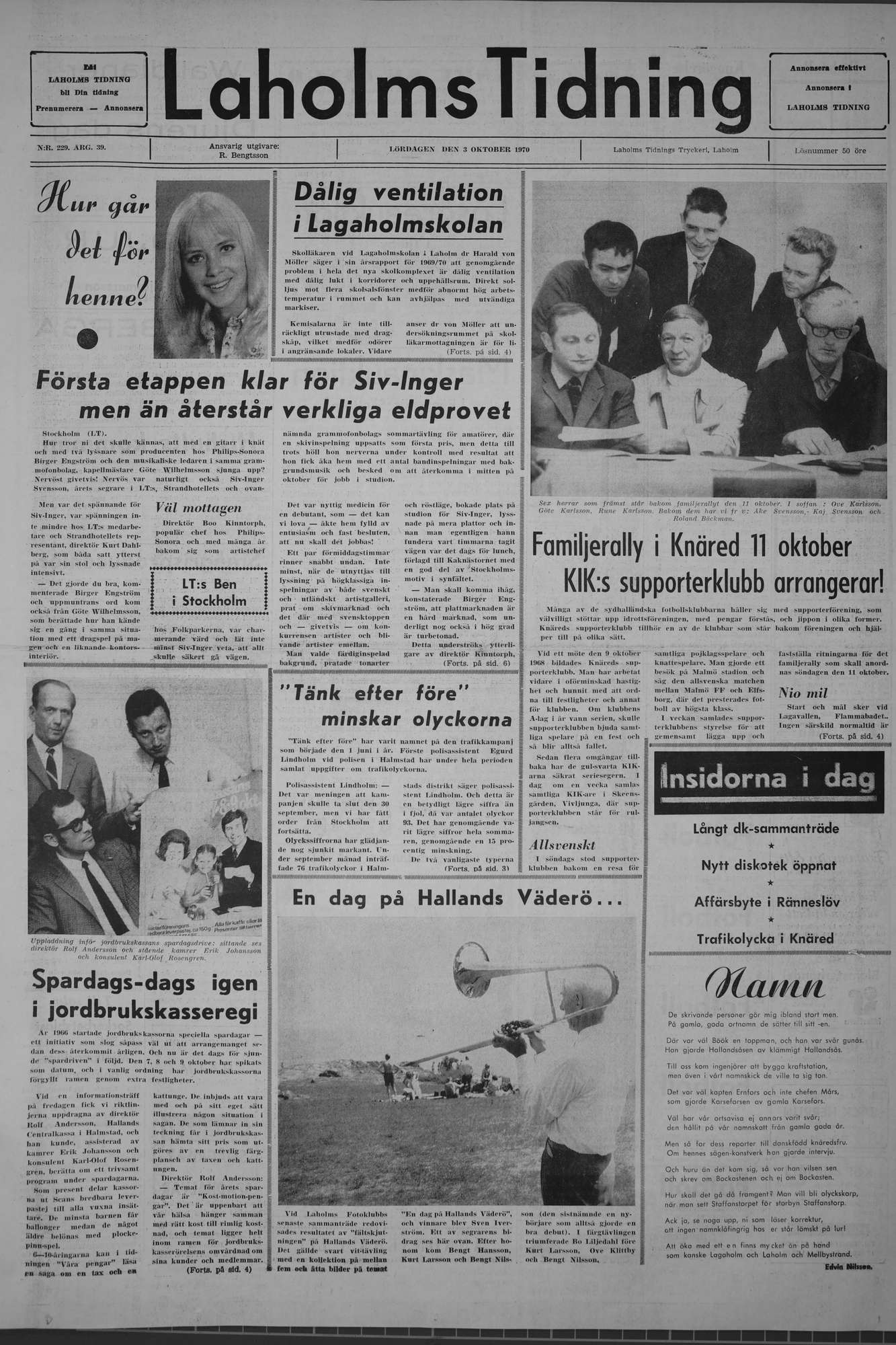 Laholms Tidning Lördag 3 oktober 1970, sida 1
