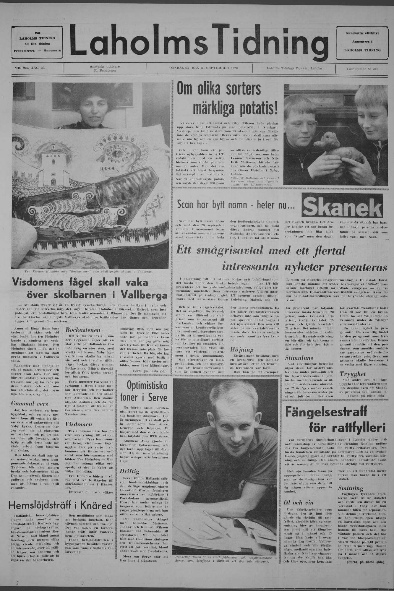 Laholms Tidning Onsdag 30 september 1970, sida 1