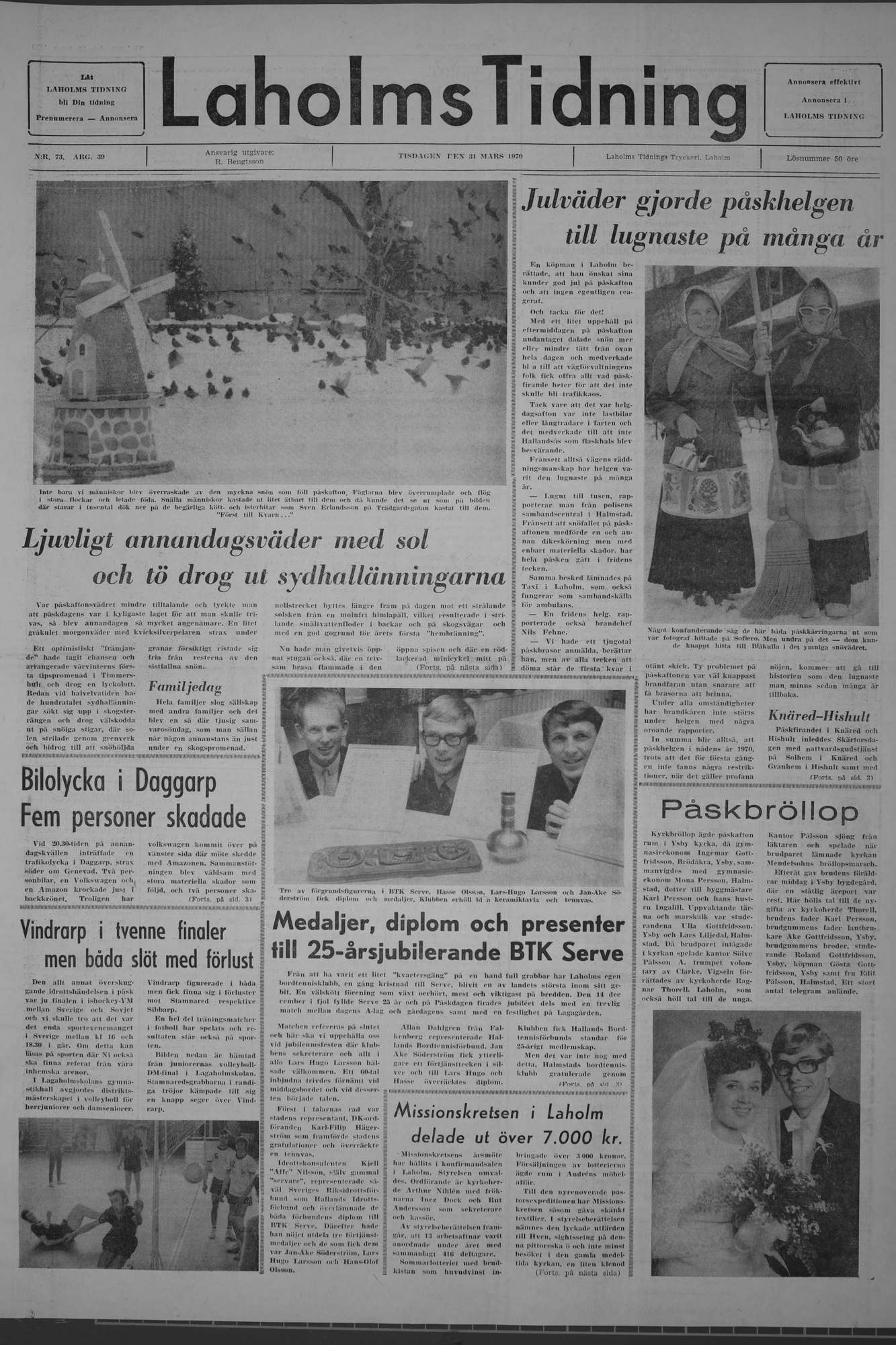 Laholms Tidning Tisdag 31 mars 1970, sida 1