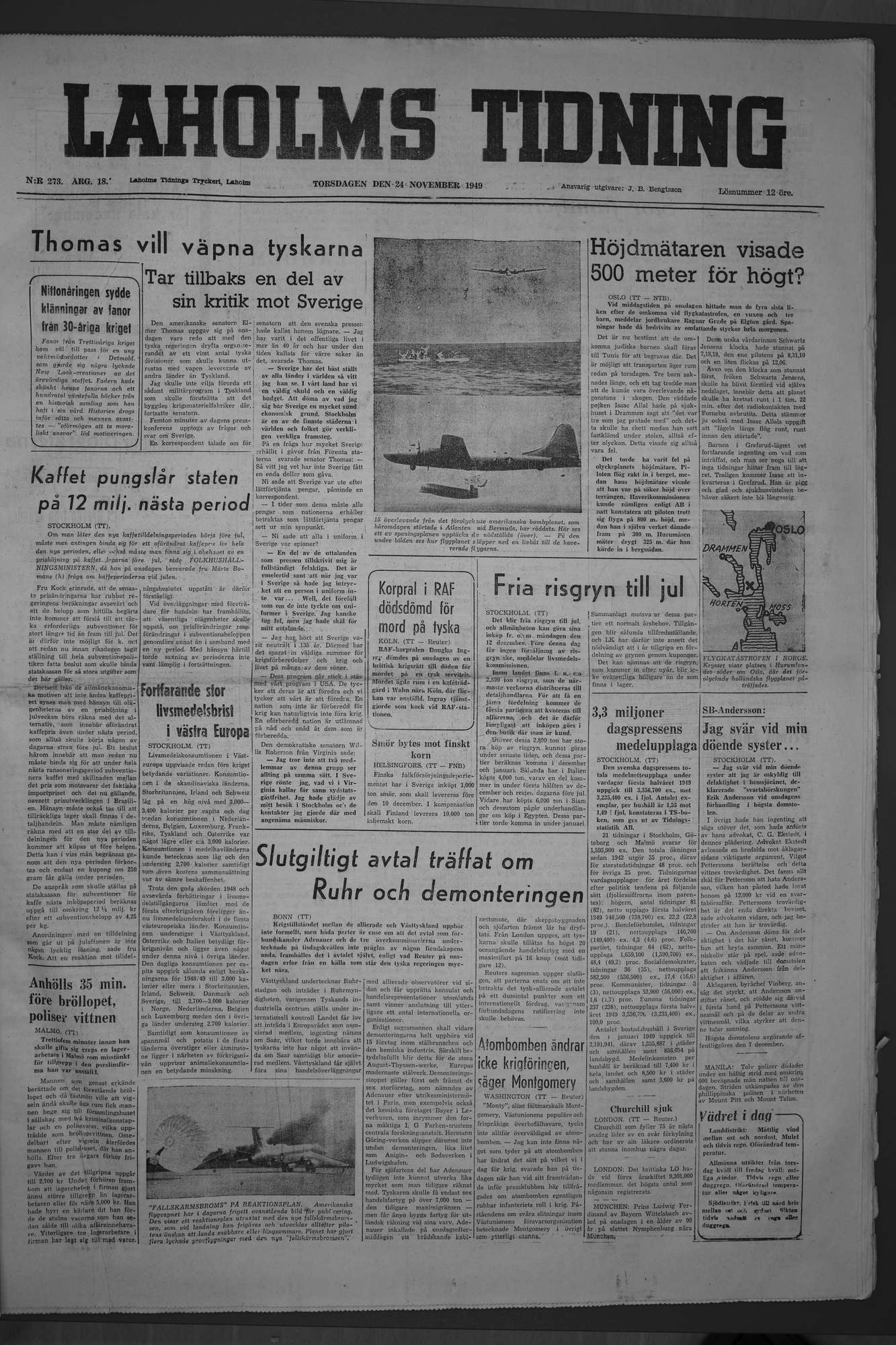 Laholms Tidning Torsdag 24 november 1949, sida 1