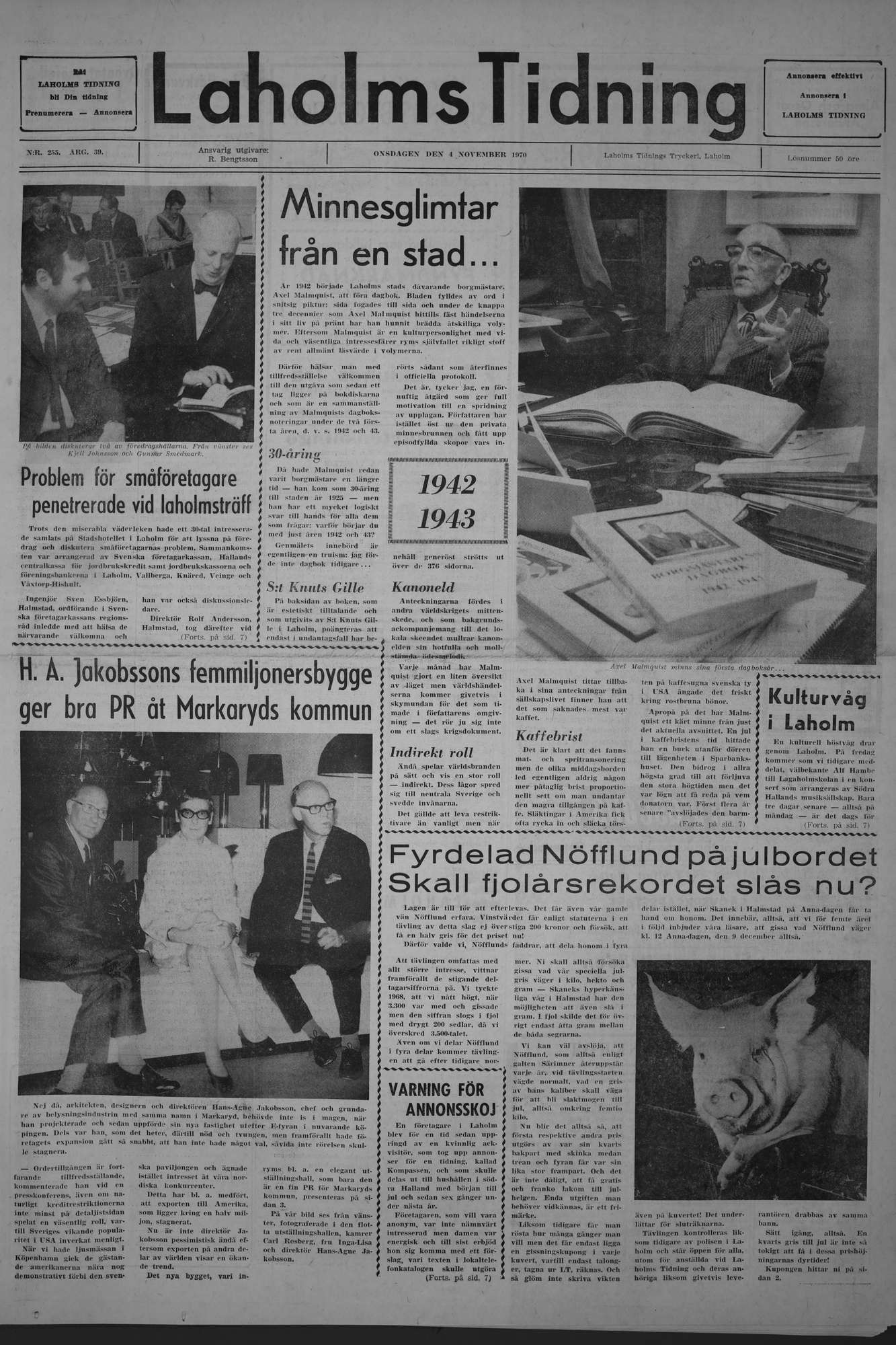 Laholms Tidning Onsdag 4 november 1970, sida 1