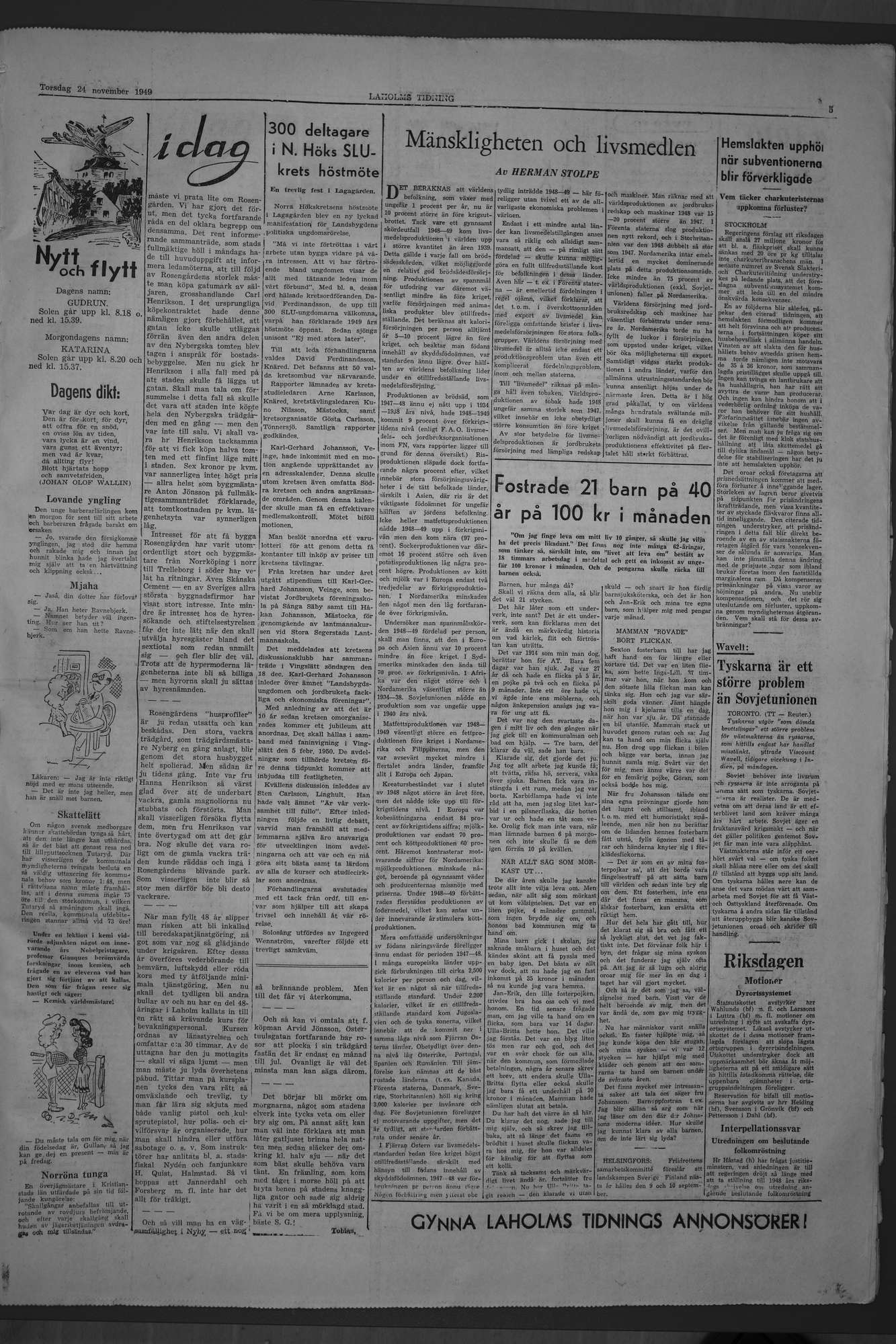 Laholms Tidning Torsdag 24 november 1949, sida 5