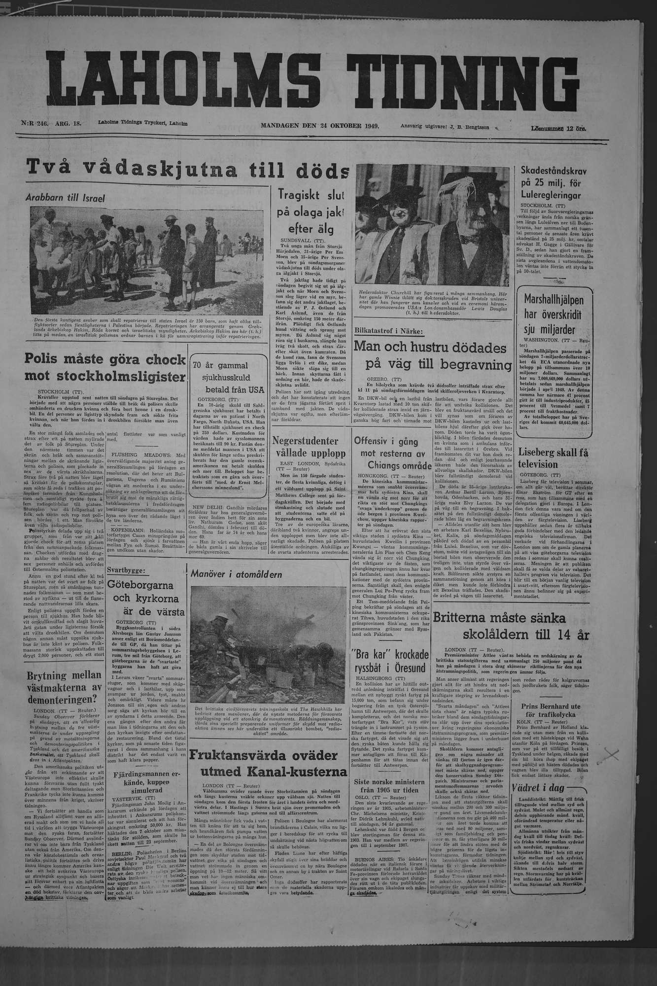 Laholms Tidning Måndag 24 oktober 1949, sida 1