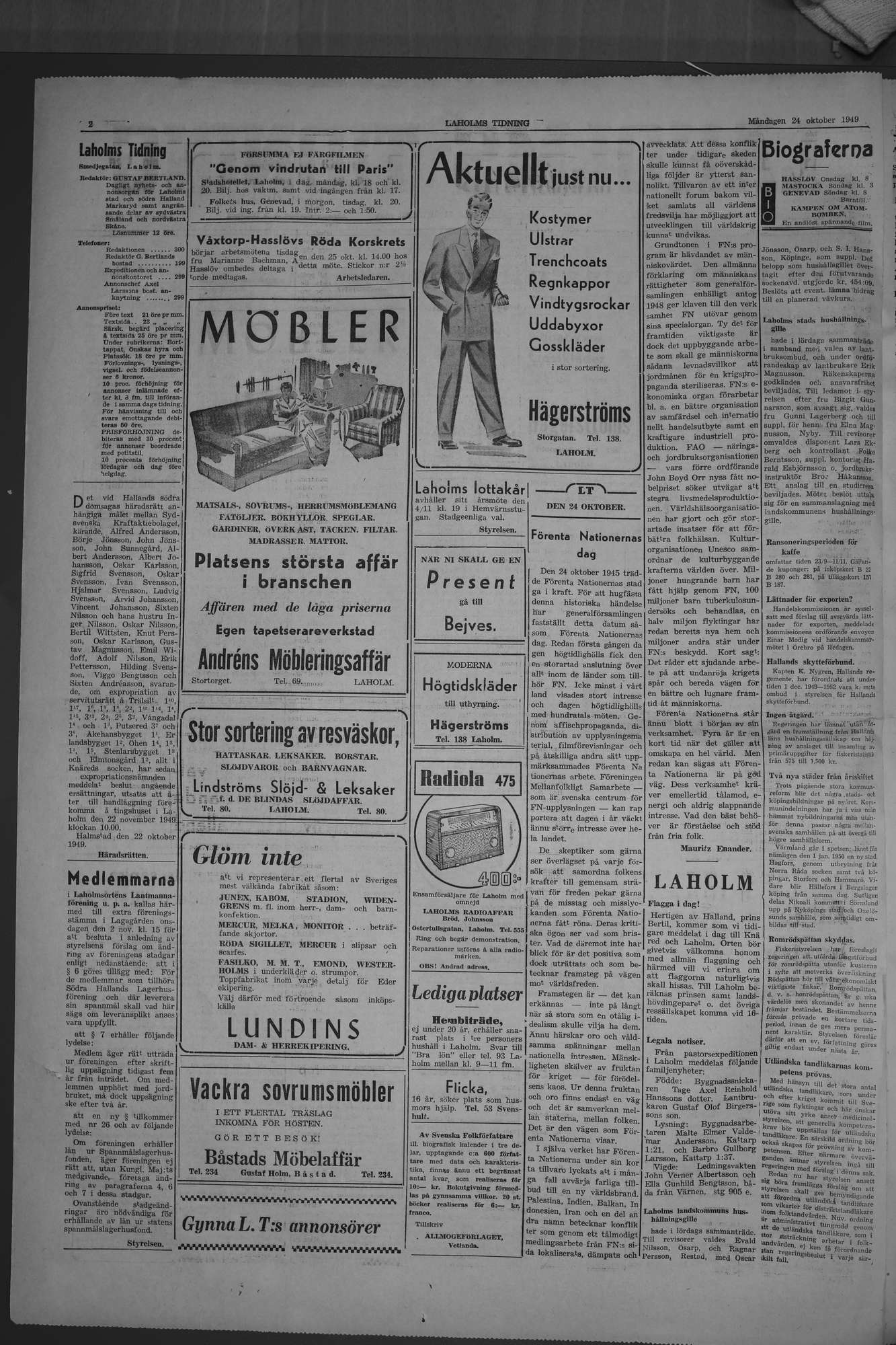 Laholms Tidning Måndag 24 oktober 1949, sida 2