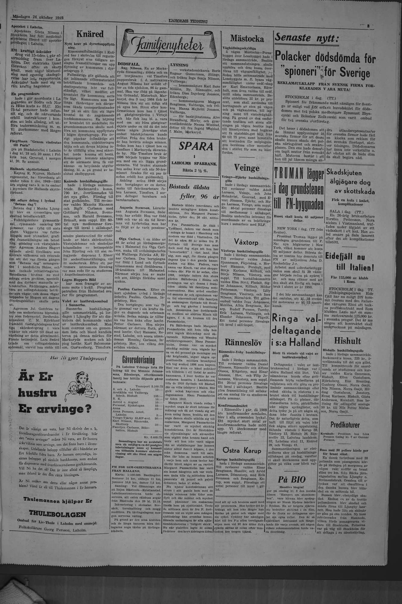 Laholms Tidning Måndag 24 oktober 1949, sida 3