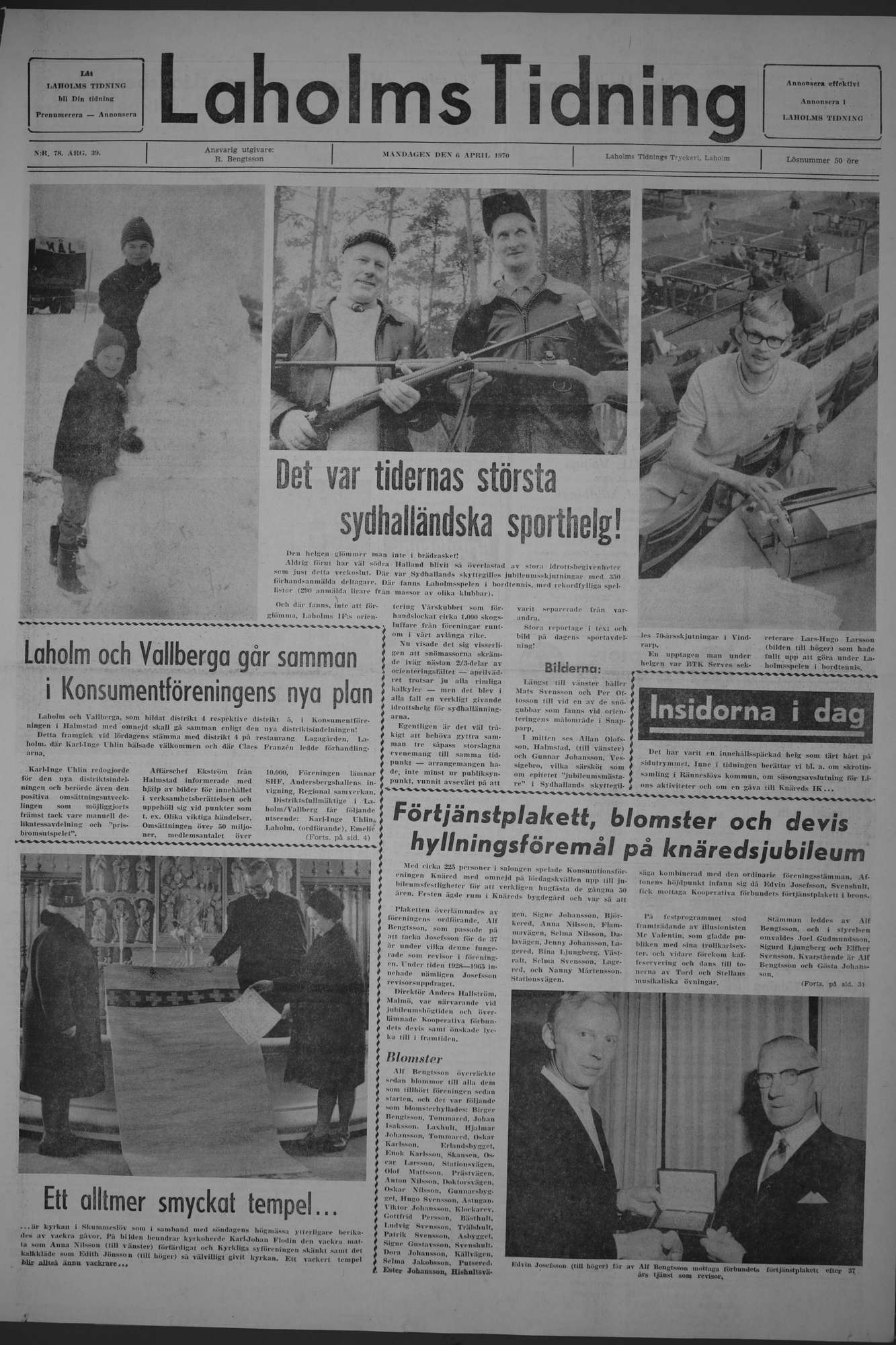 Laholms Tidning Måndag 6 april 1970, sida 1