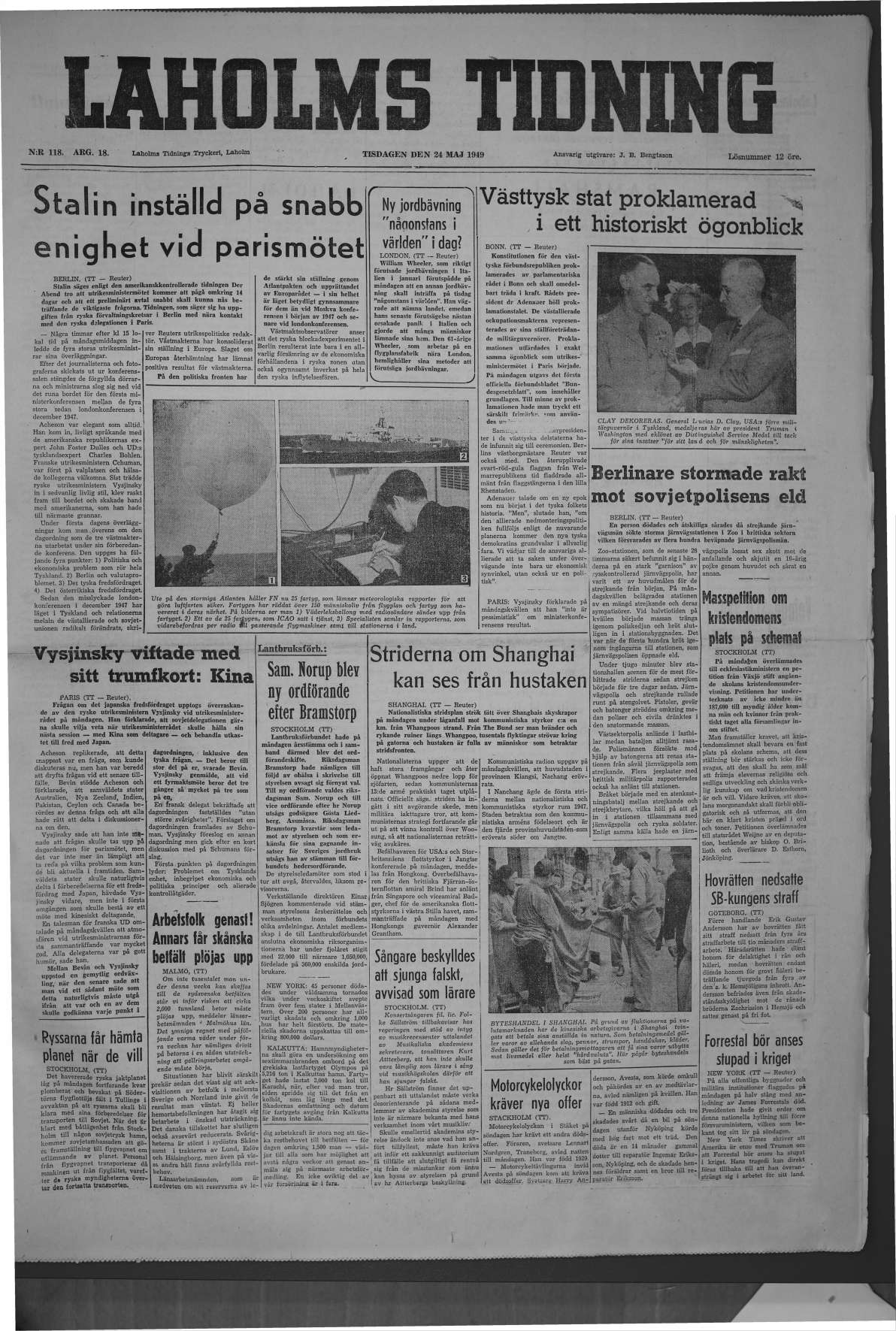 Laholms Tidning Tisdag 24 maj 1949, sida 1