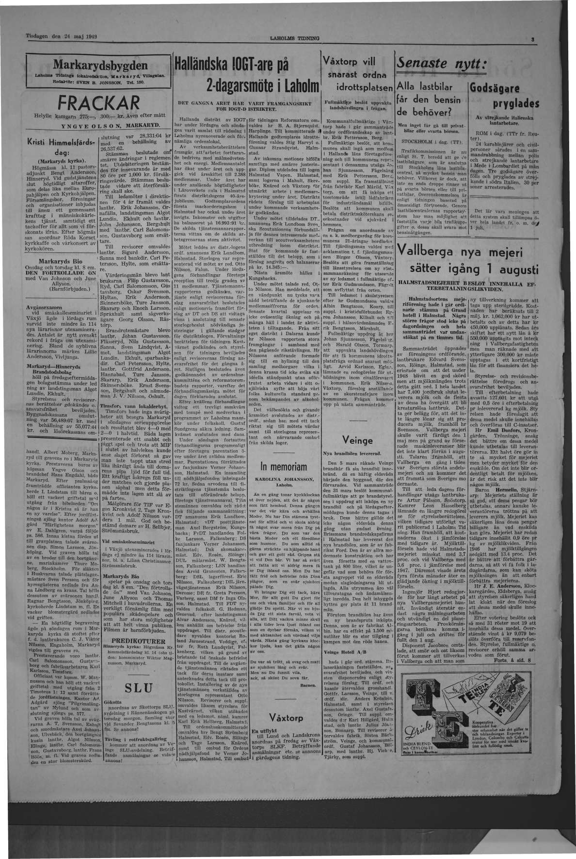 Laholms Tidning Tisdag 24 maj 1949, sida 3