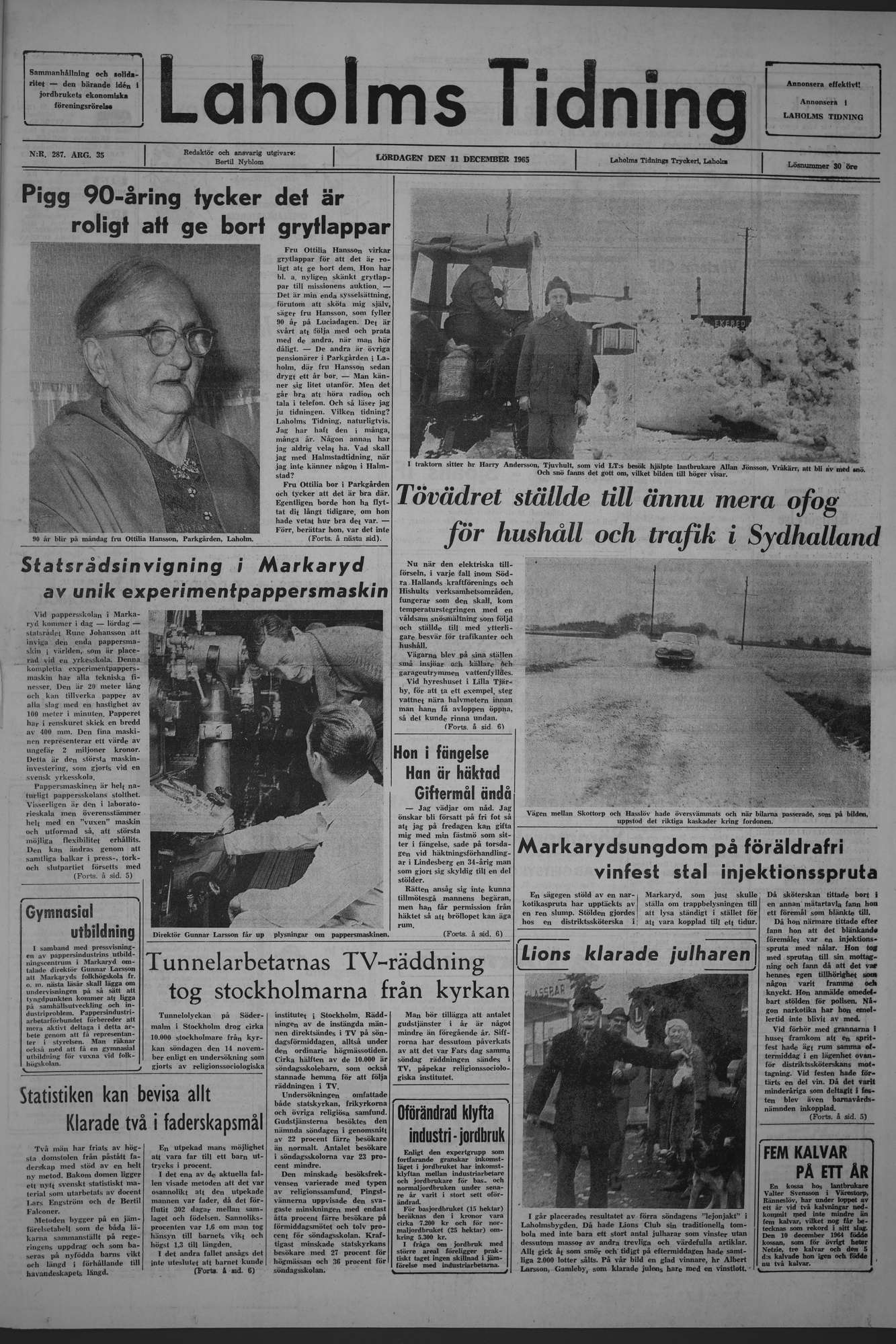 Laholms Tidning Lördag 11 december 1965, sida 1