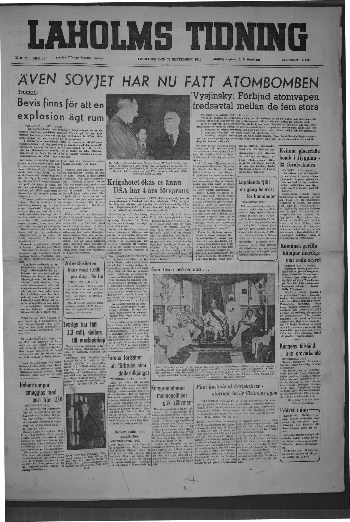 Laholms Tidning Lördag 24 september 1949, sida 1