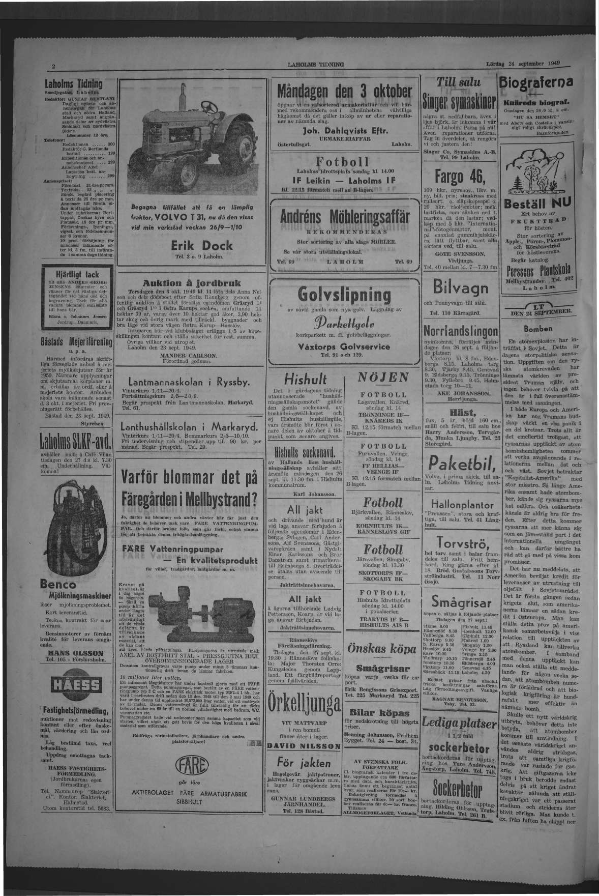 Laholms Tidning Lördag 24 september 1949, sida 2