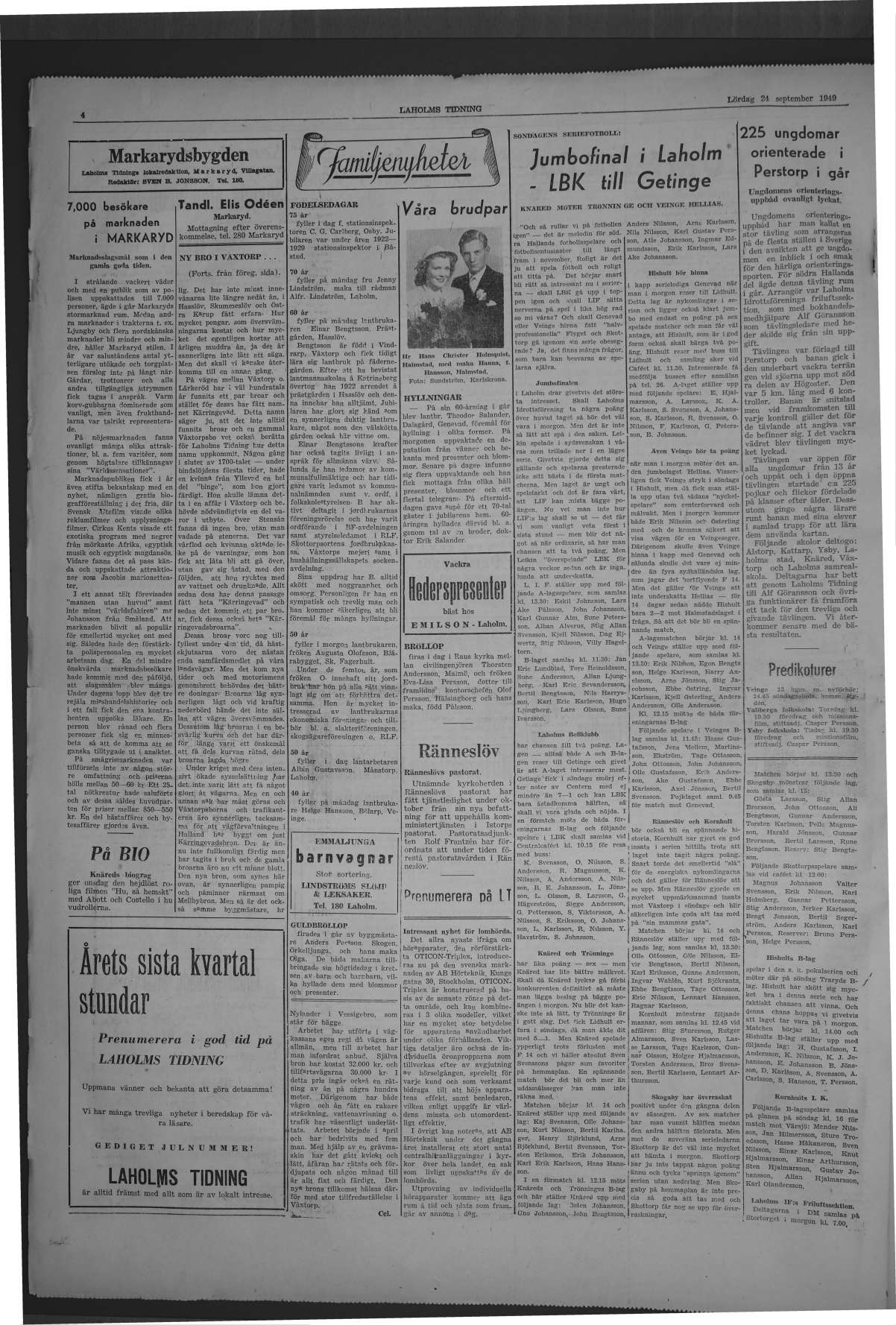 Laholms Tidning Lördag 24 september 1949, sida 4