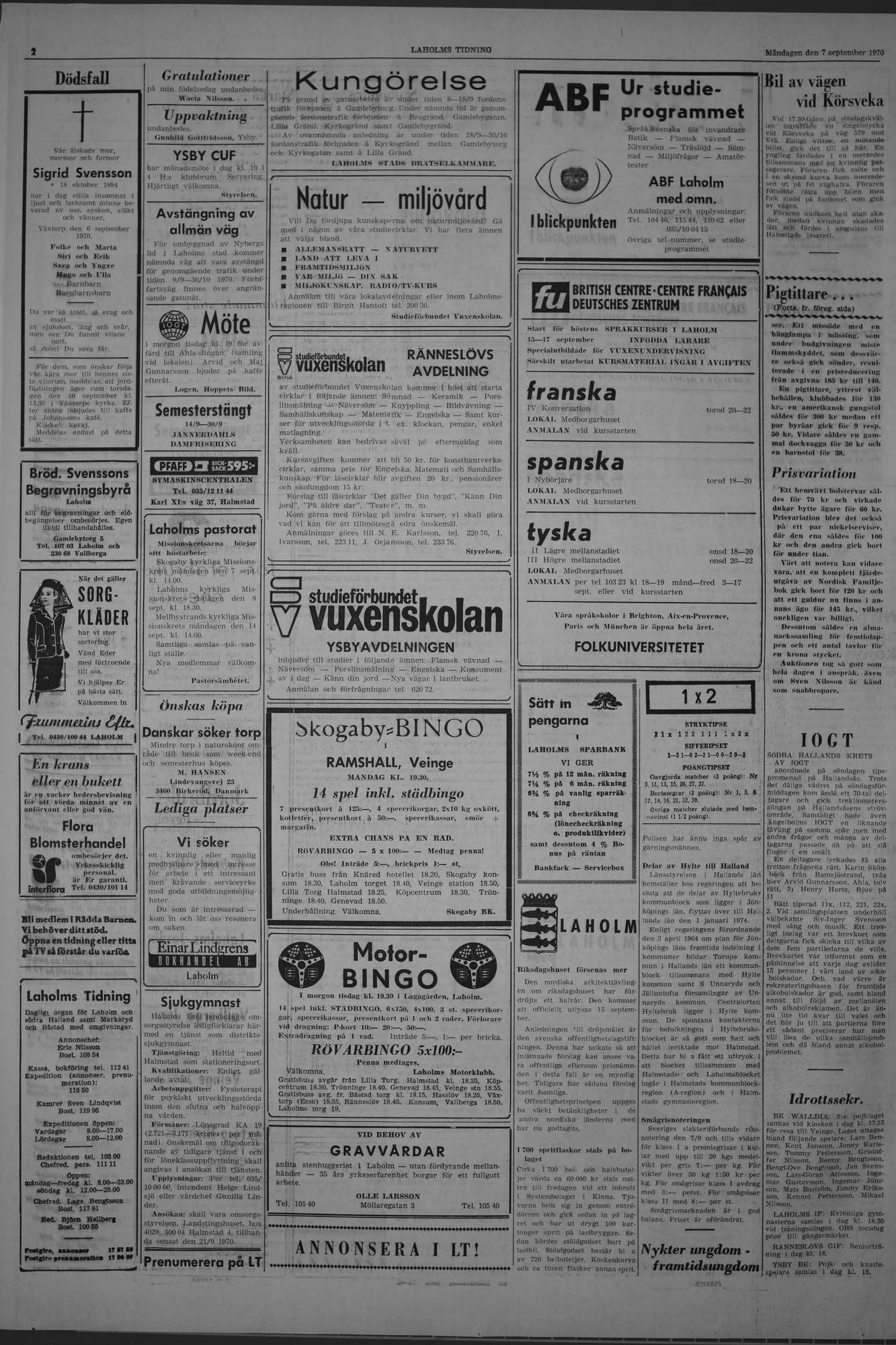Laholms Tidning Måndag 7 september 1970, sida 2