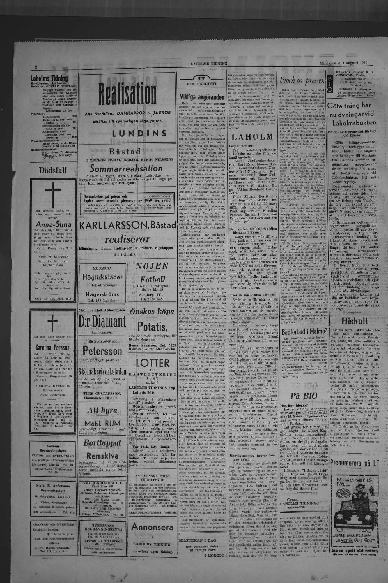 Laholms Tidning Torsdag 25 augusti 1949, sida 6