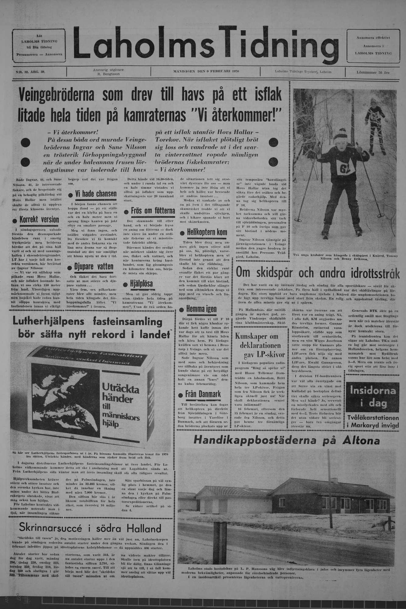 Laholms Tidning Måndag 9 februari 1970, sida 1