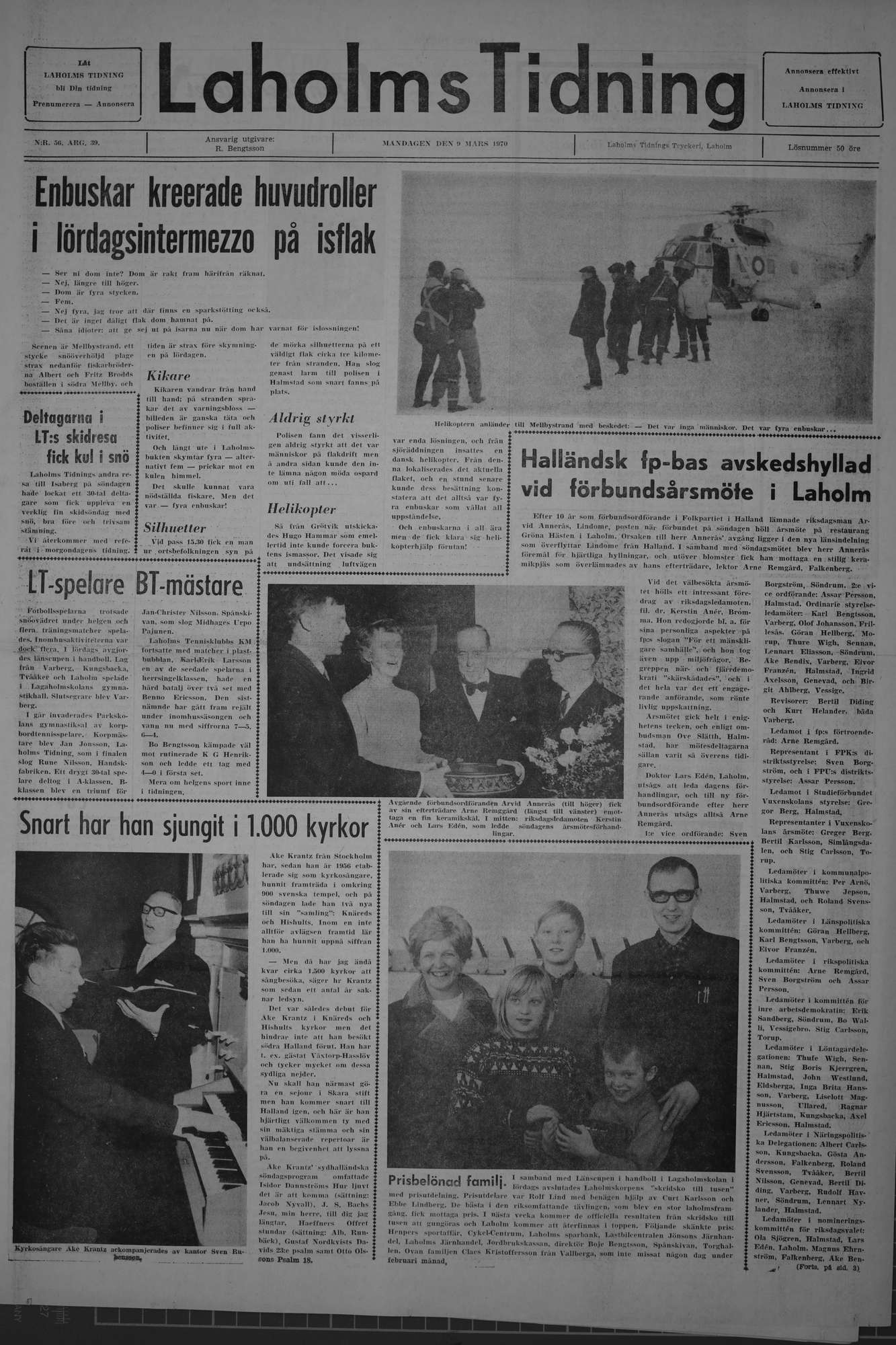 Laholms Tidning Måndag 9 mars 1970, sida 1