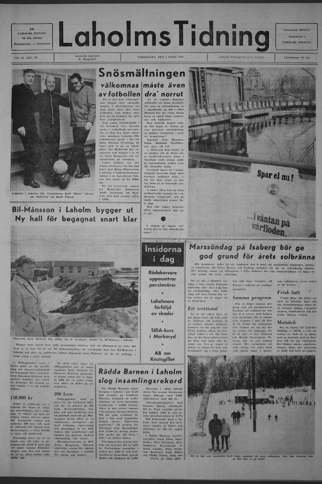 Laholms Tidning Torsdag 5 mars 1970, sida 1