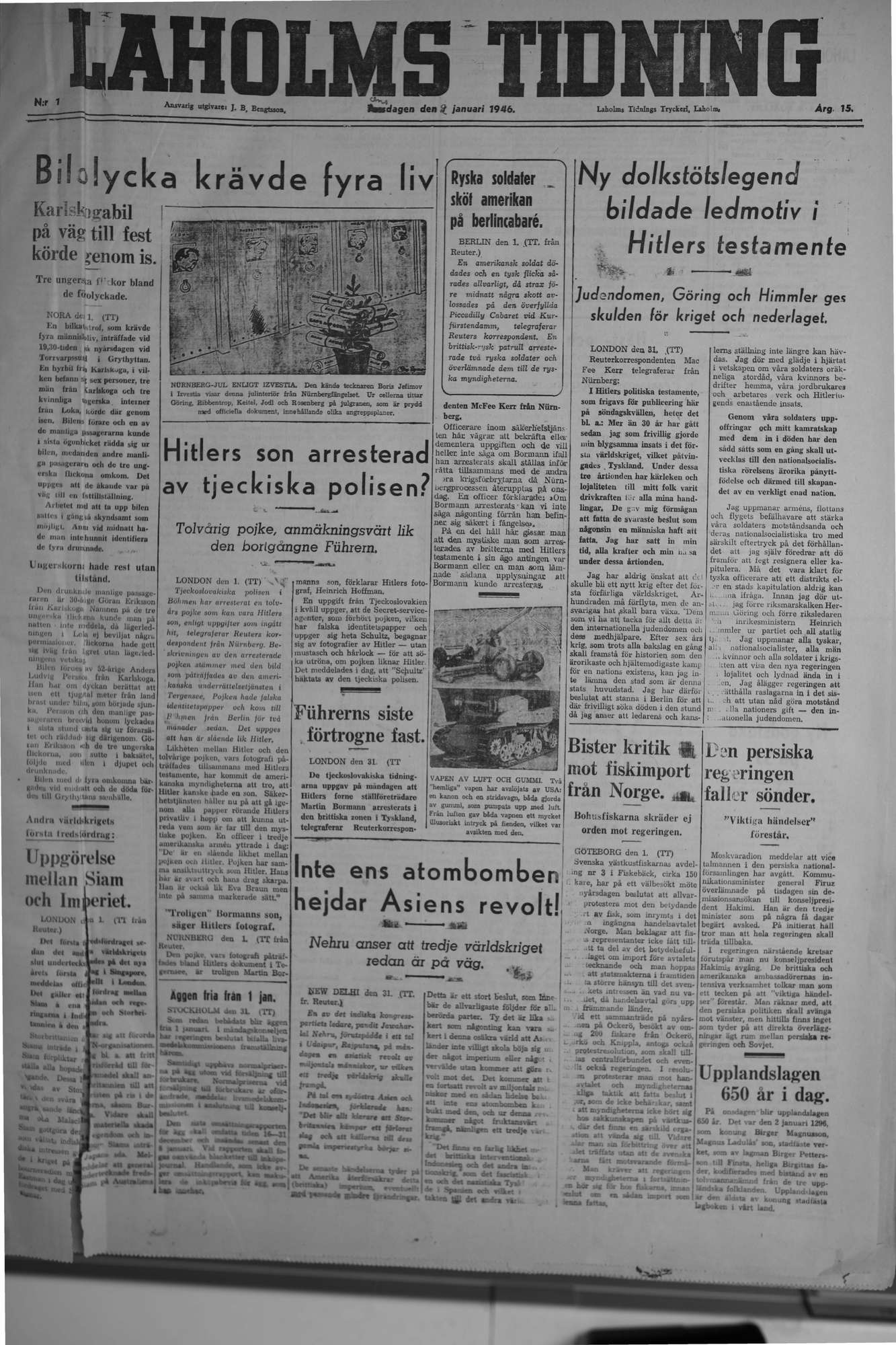 Laholms Tidning Onsdag 2 januari 1946, sida 1