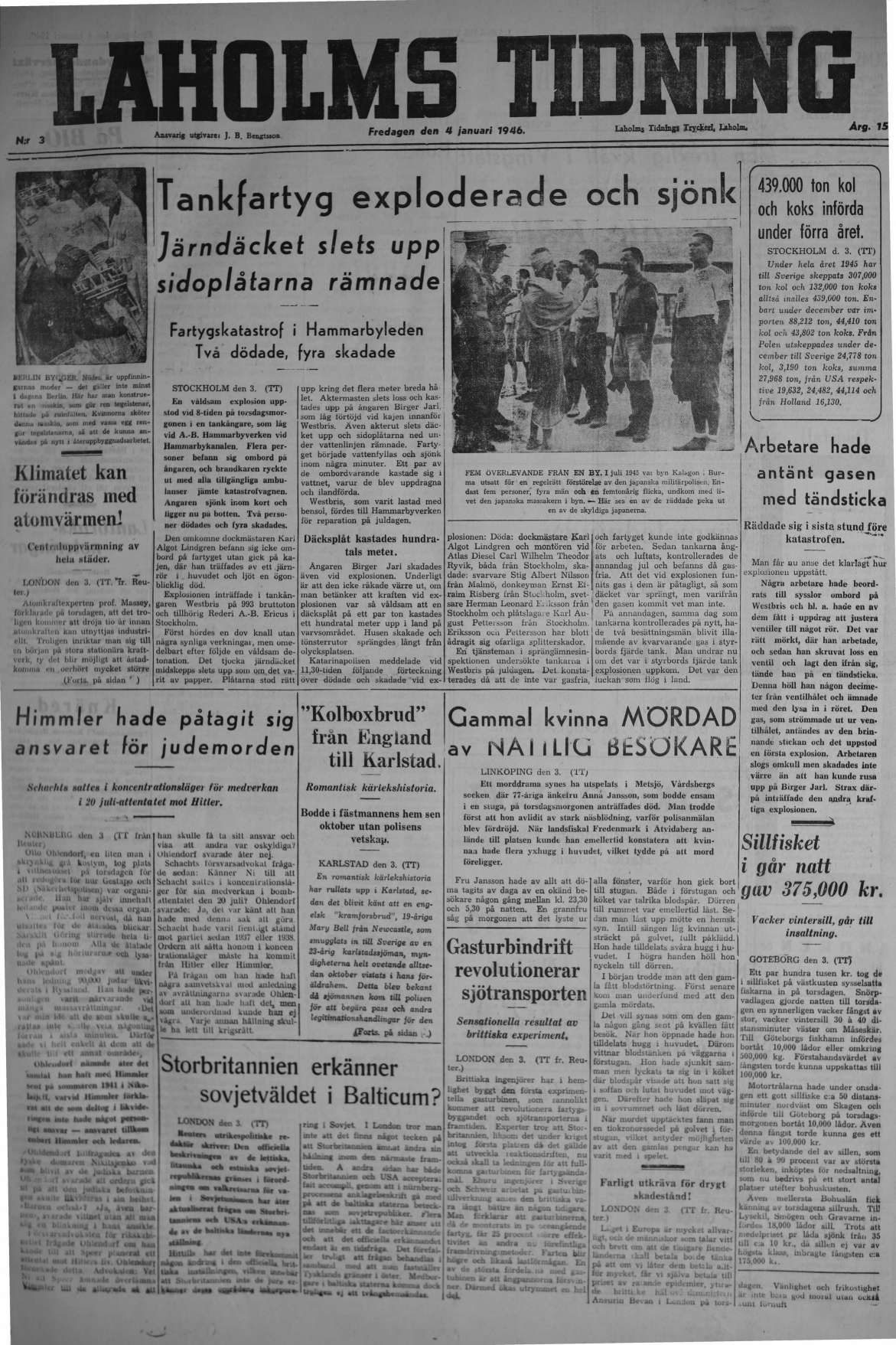 Laholms Tidning Fredag 4 januari 1946, sida 1