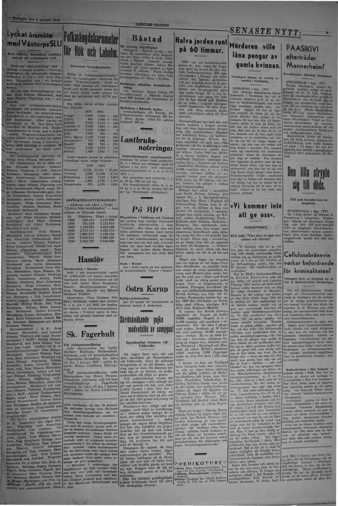 Laholms Tidning Tisdag 8 januari 1946, sida 3