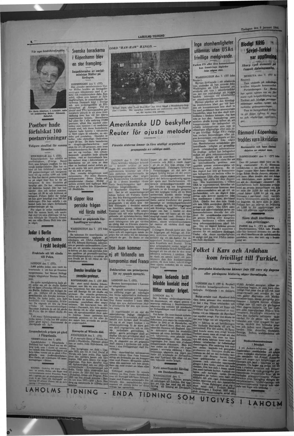 Laholms Tidning Tisdag 8 januari 1946, sida 4