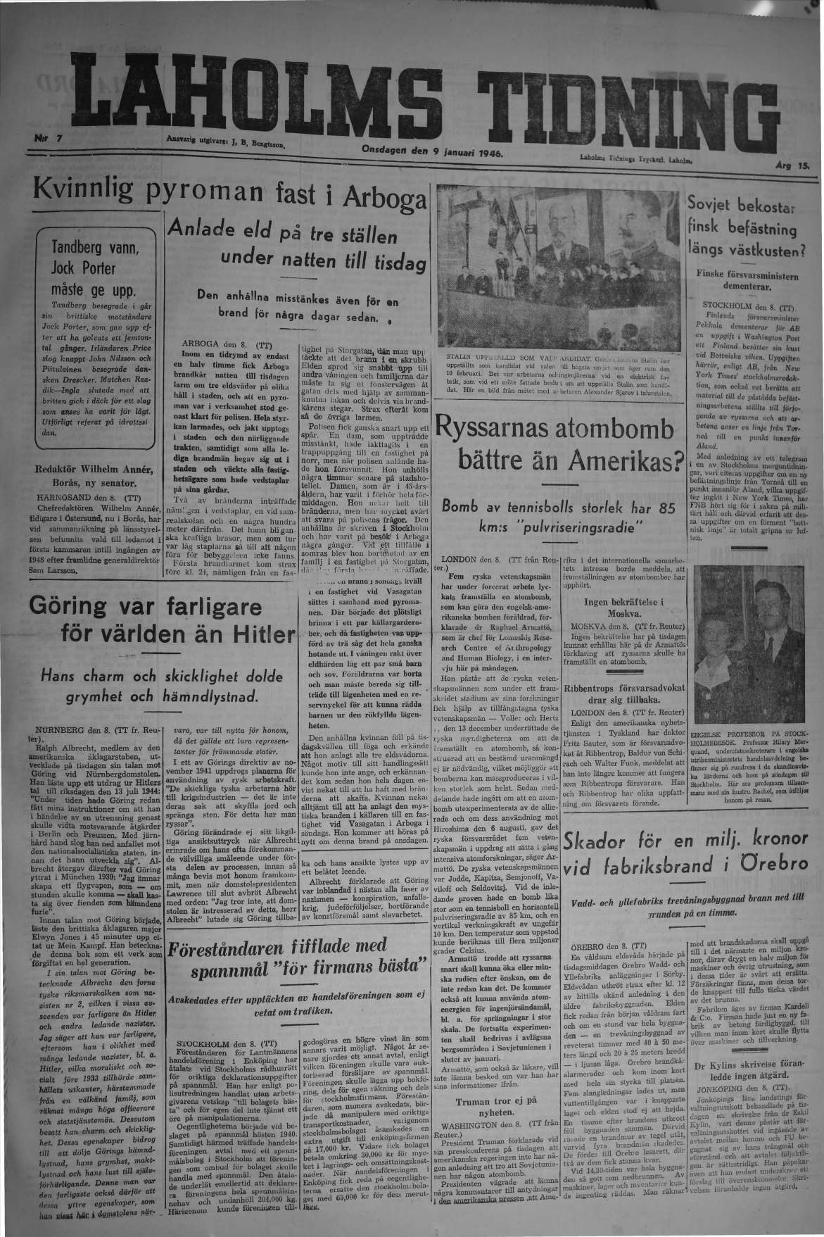 Laholms Tidning Onsdag 9 januari 1946, sida 1