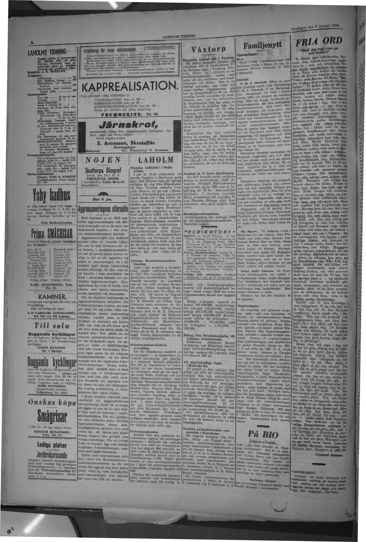 Laholms Tidning Onsdag 9 januari 1946, sida 2