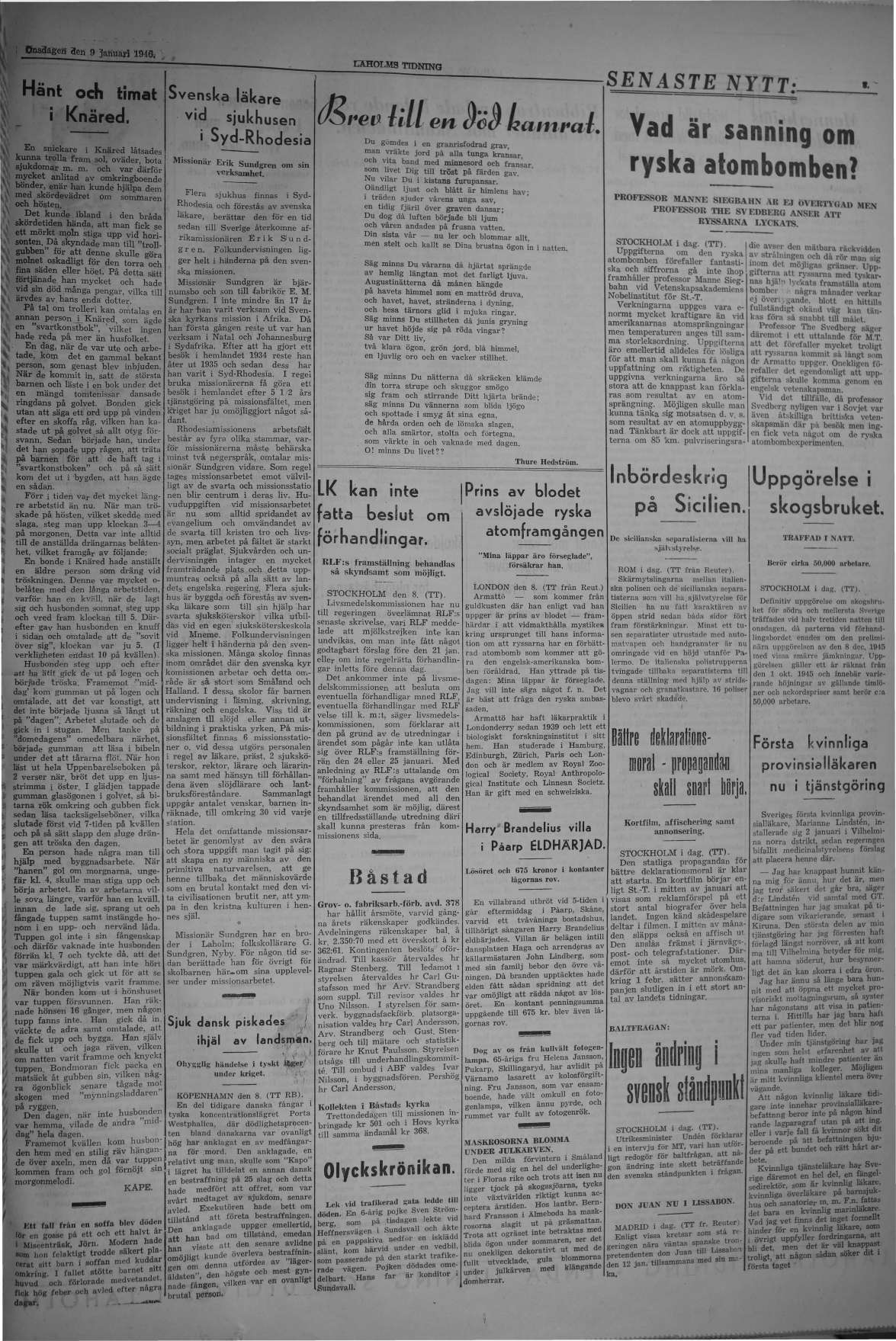 Laholms Tidning Onsdag 9 januari 1946, sida 3