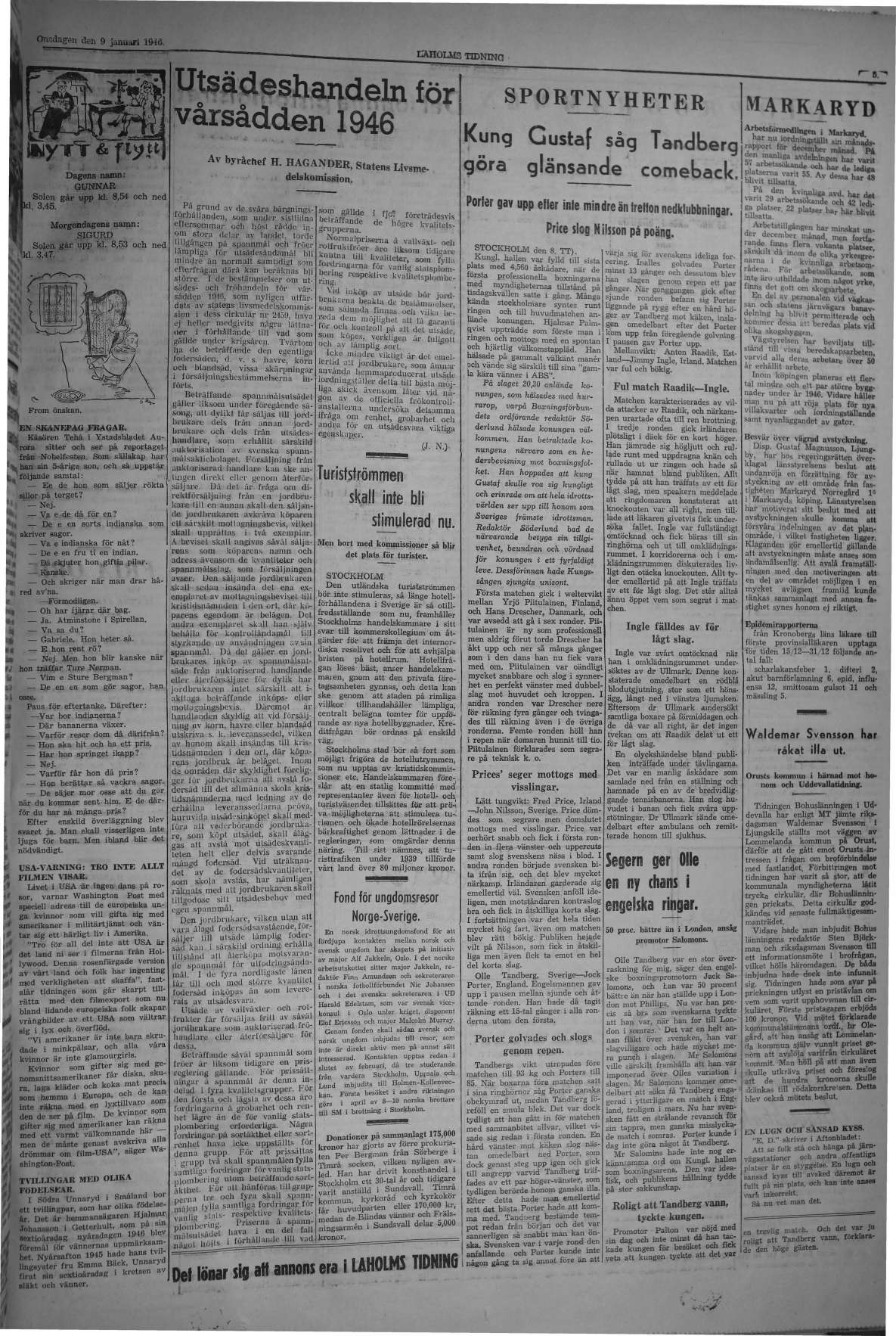 Laholms Tidning Onsdag 9 januari 1946, sida 5