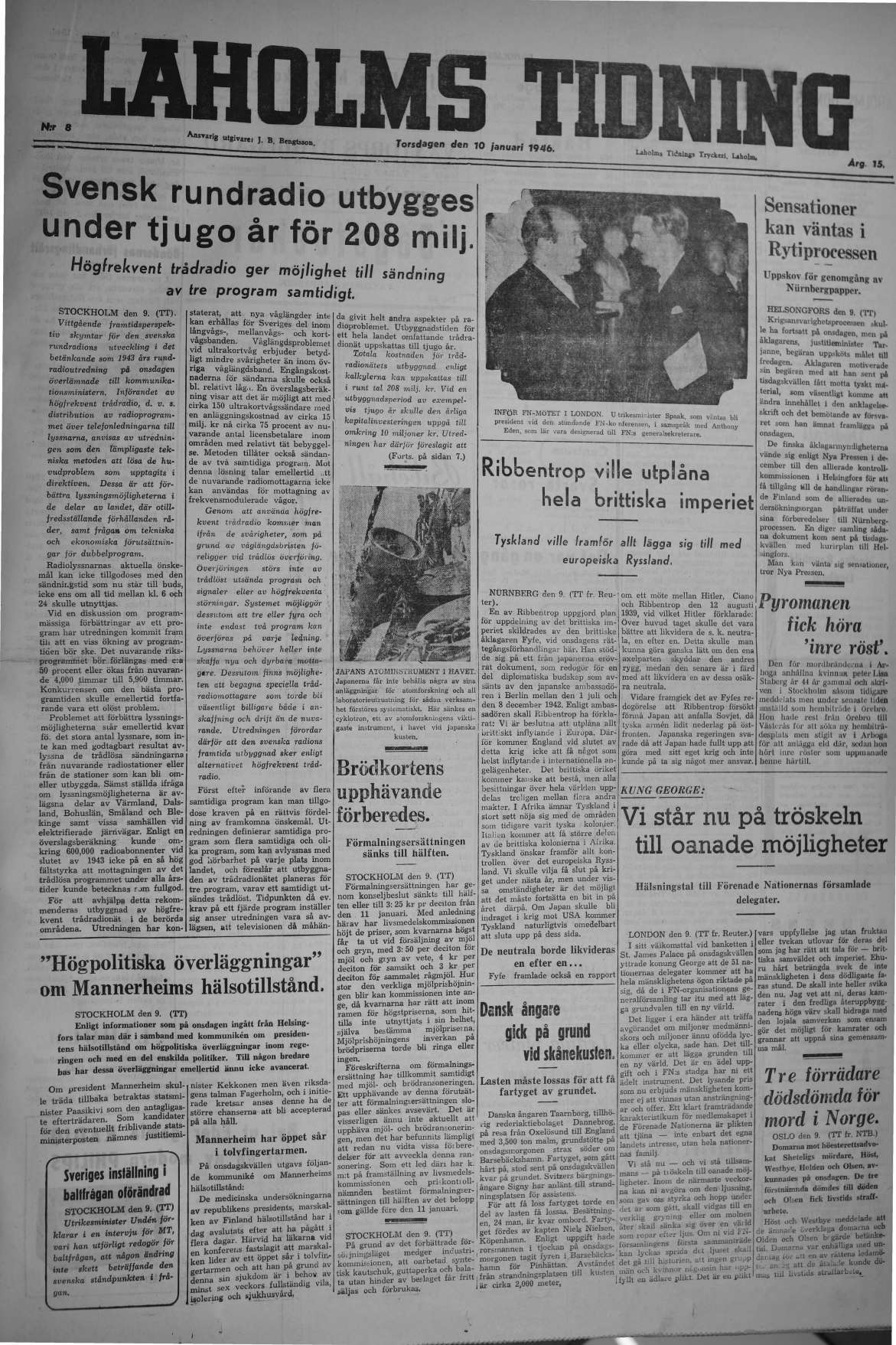 Laholms Tidning Torsdag 10 januari 1946, sida 1