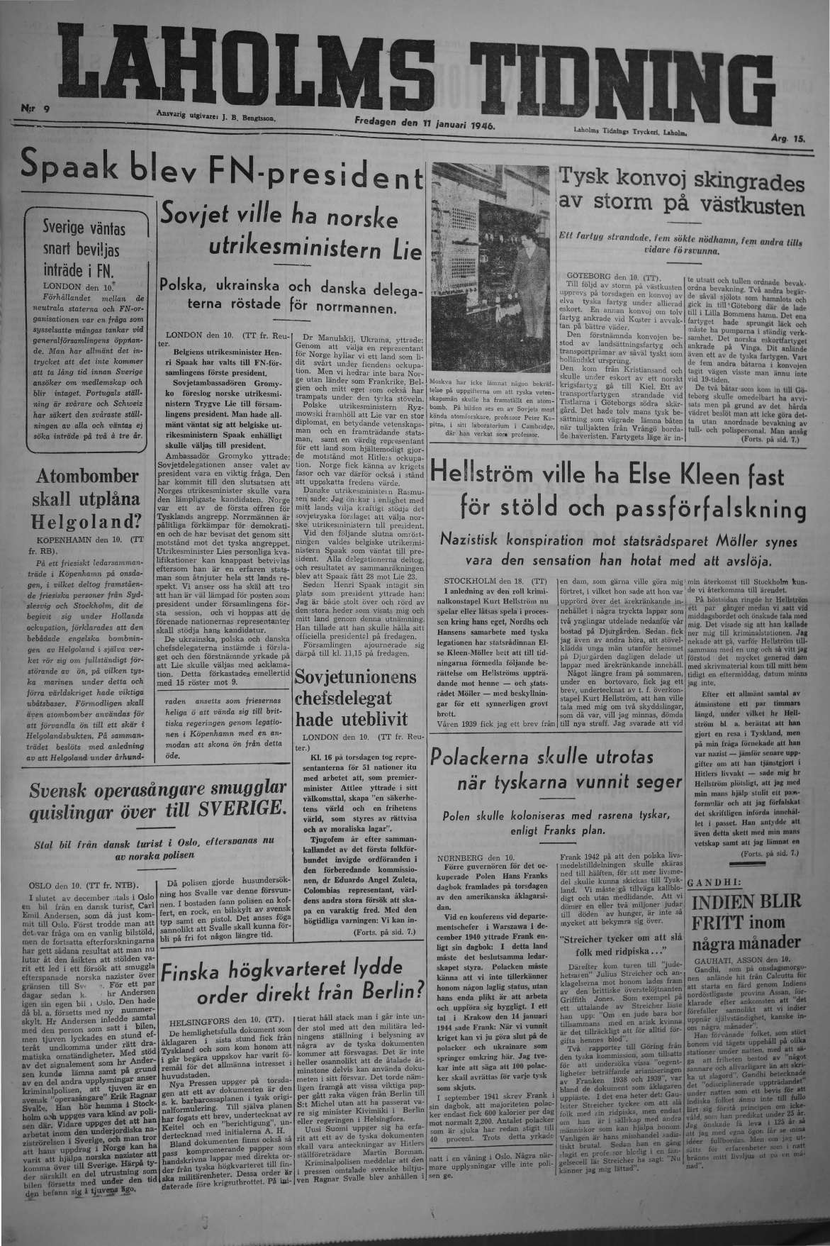 Laholms Tidning Fredag 11 januari 1946, sida 1